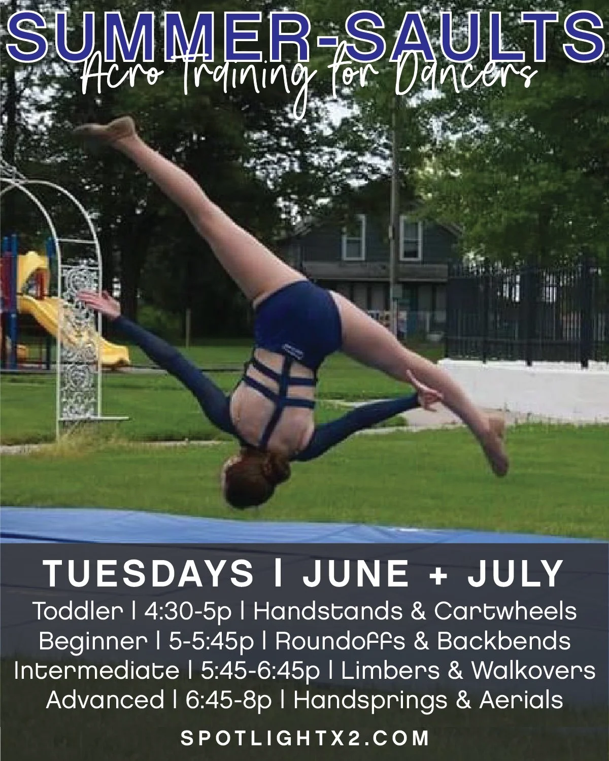 S U M M E R 🤸&zwj;♀️ S A U L T S
Spotlight Summer-Saults: A summer program that focuses on your tumbler! 
💥Program strengthens: progressions, personal discipline, and goal-setting. 
💥Tumblers target: individual skill readiness and personalized goa