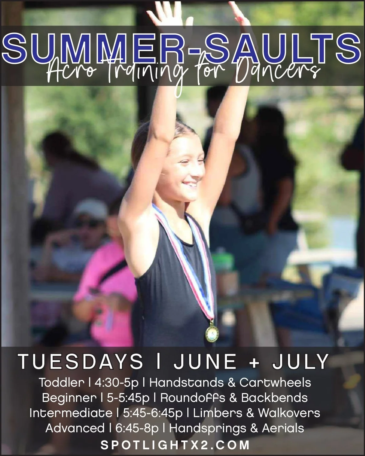 S U M M E R 🤸&zwj;♀️ S A U L T S
Spotlight Summer-Saults: A summer program that focuses on your tumbler! 
💥Program strengthens: progressions, personal discipline, and goal-setting. 
💥Tumblers target: individual skill readiness and personalized goa