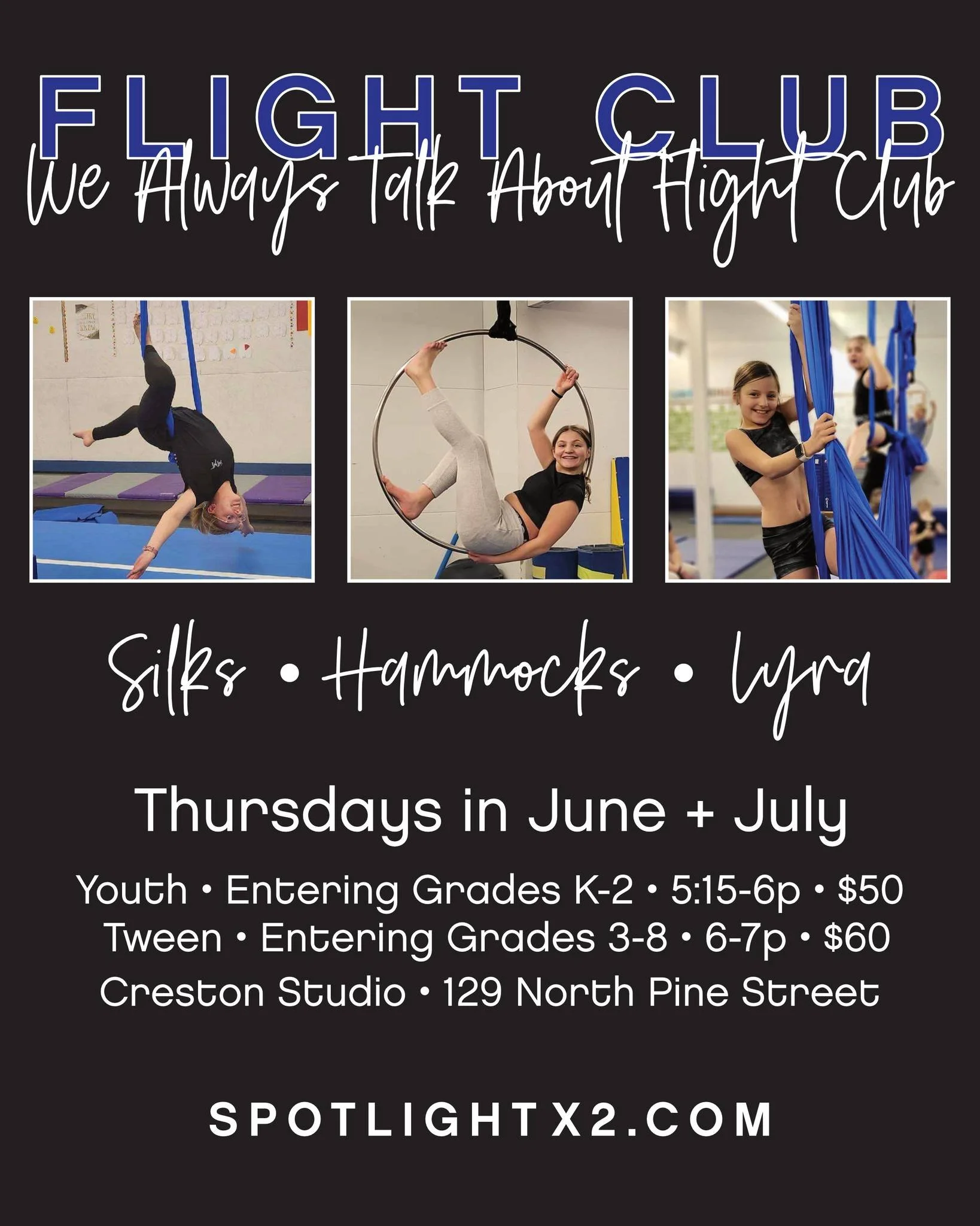 F L I G H T 🔹 C L U B
The first rule of Flight Club is: You ALWAYS talk about Flight Club! 🤩🪂
&bull; &bull; &bull; &bull; &bull; &bull; &bull; &bull; &bull; &bull; &bull; &bull; &bull; &bull; &bull; 
Flight Club classes meet Thursdays in June &amp