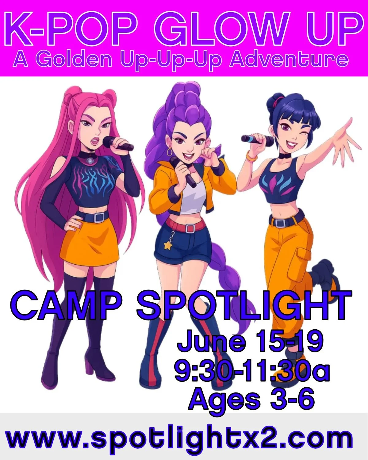 C A M P 💙 S P O T L I G H T
k p o p ❇️ g l o w u p
🗓️ June 15-19
⏰ 9:30-11:30a
💡 Ages 3-6
🏷️ $60
📍 Spotlight | 129 N Pine St, Creston
🔗 Register online. LinkTree in bio.

It's a Golden Up-Up-Up Adventure! 🌈 
This isn't just a dance camp; it&rs