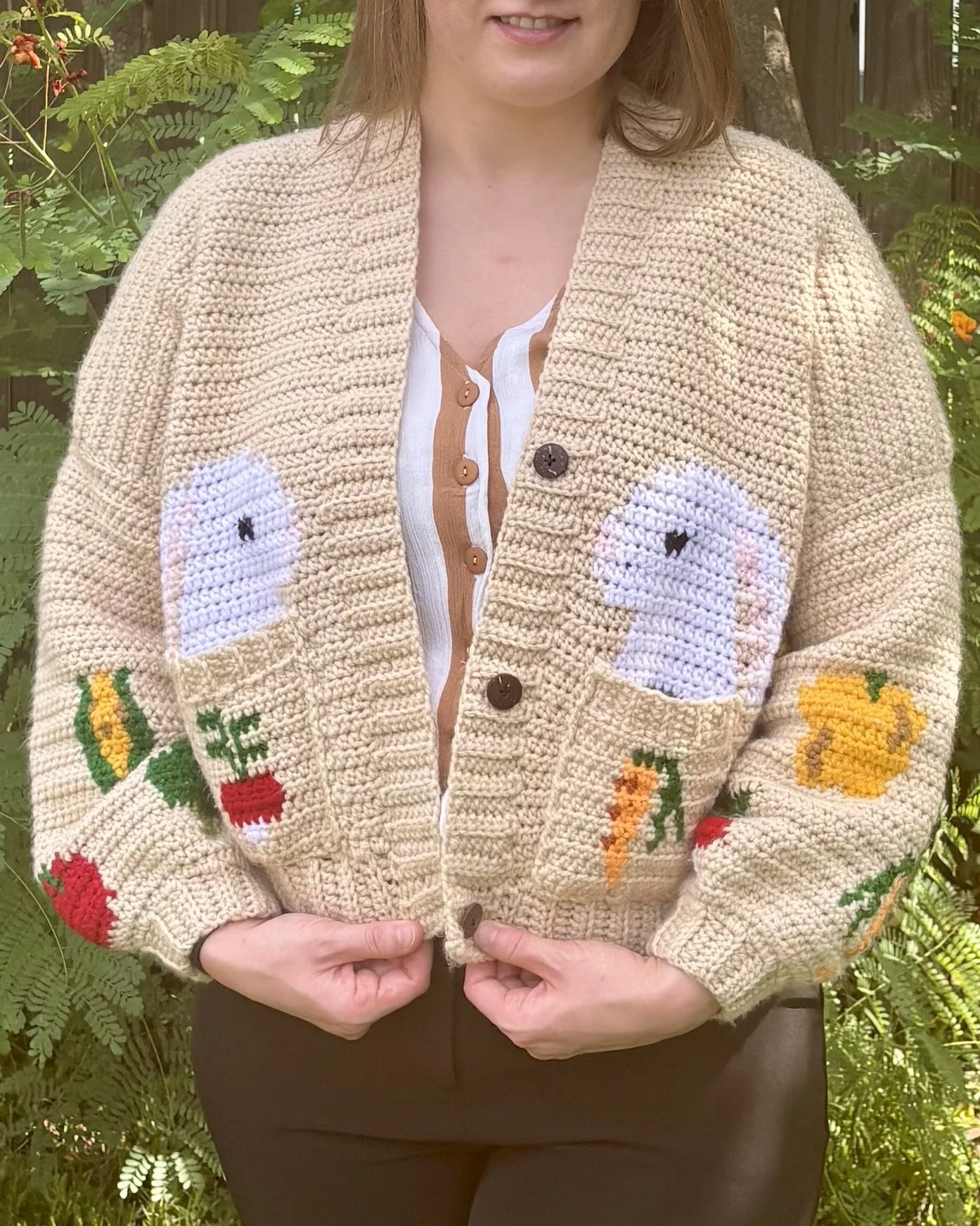 bunnies with graphics from "tomato tomato cardigans" pattern