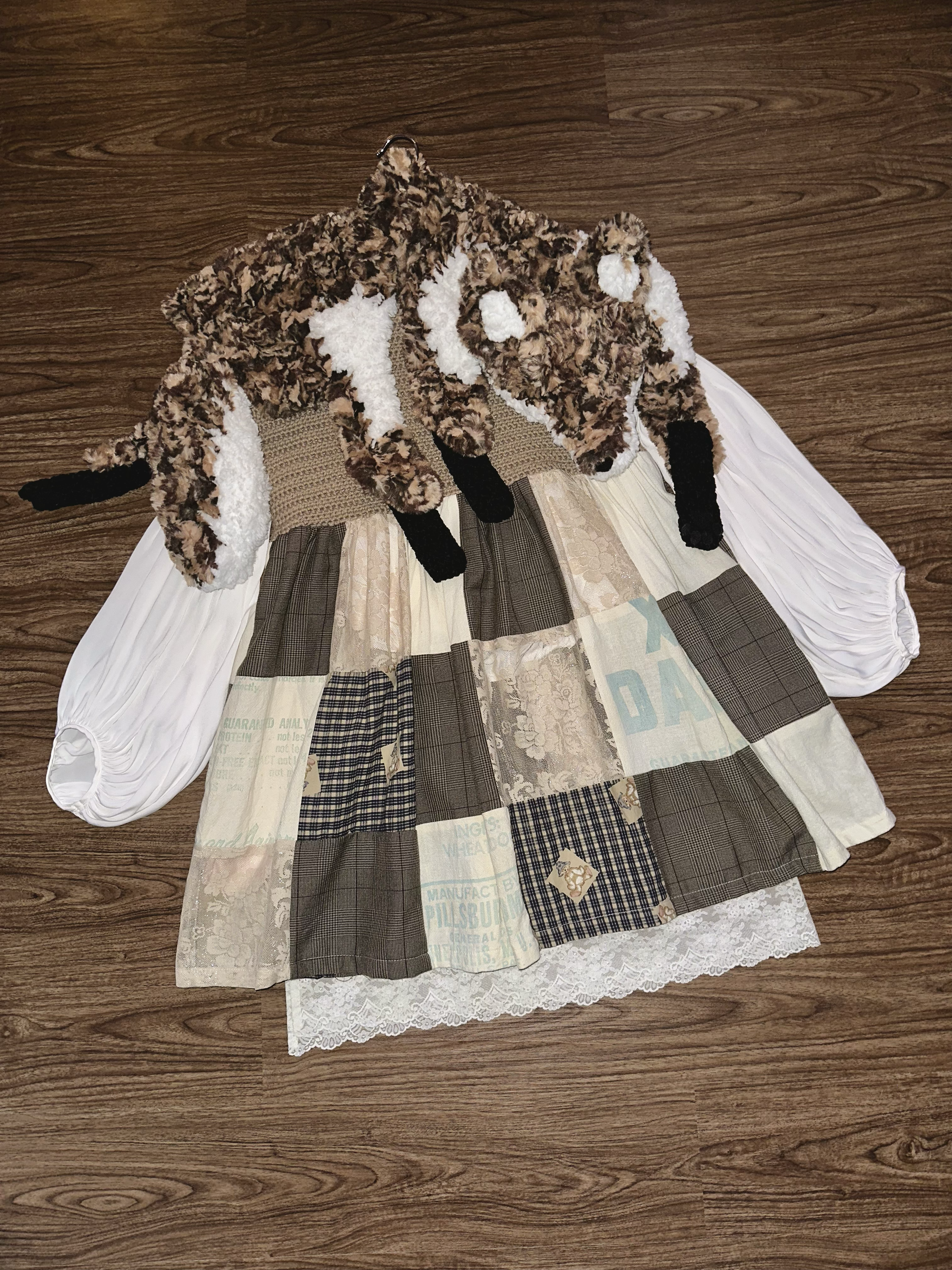 patchwork farm dress + faux fox fur