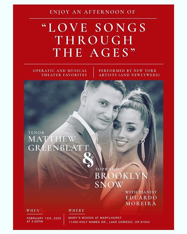 Treat your valentine to a romantic concert starring yours truly, the wonderful @matthewjgreenblatt and our incredible pianist, Eduardo Moreira 🥰❣️Feb. 15th. 
#valentines #opera #musicaltheater #soprano #tenor