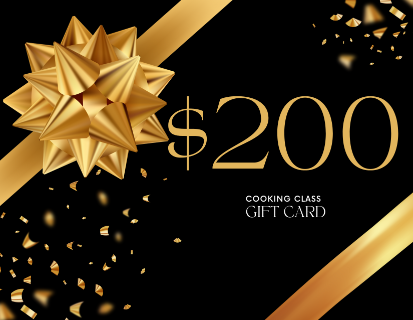 $200 cooking class gift card with black background, gold ribbon, gold bow, and gold confetti.
