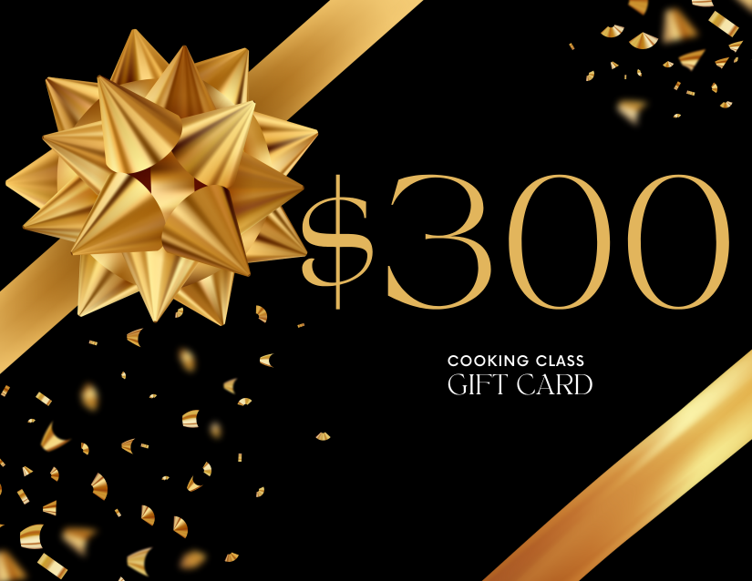 Gift card worth $300 for a cooking class with a black background, gold ribbon and bow, and gold confetti.