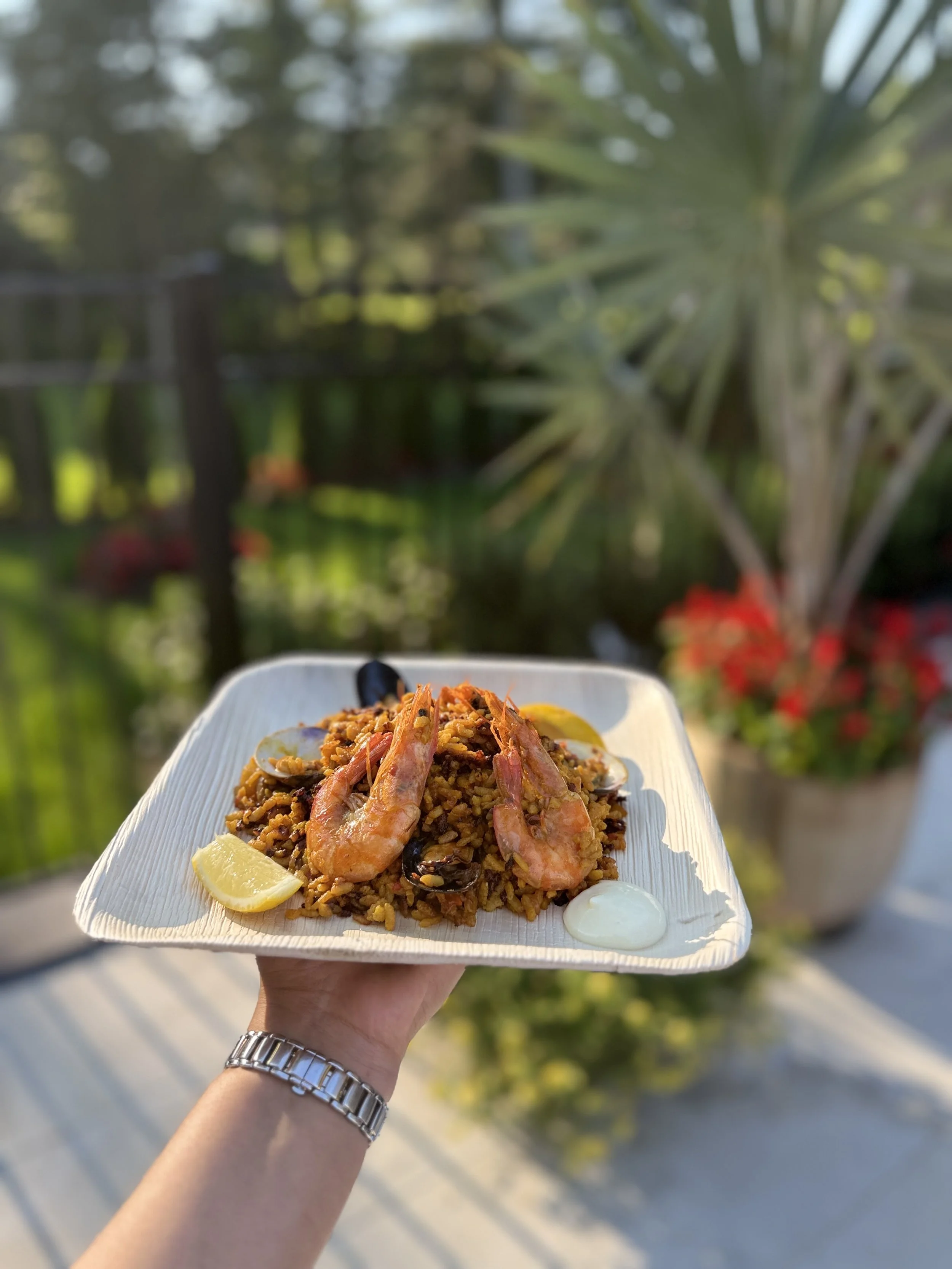 Person holding a disposable plate of seafood paella outdoors with trees and flowers in the background.