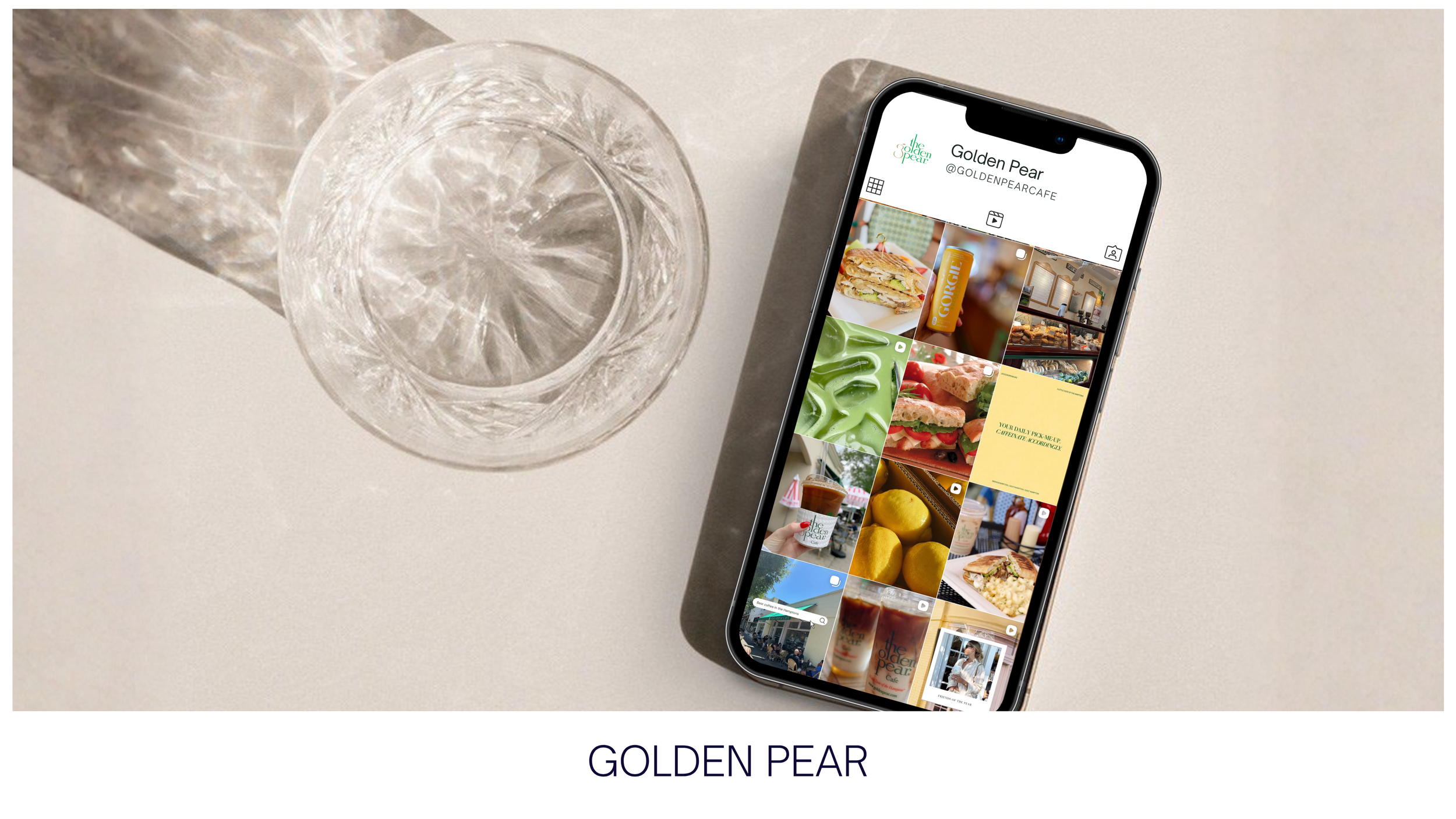 DG Creative Media social media work for The Golden Pear in the Hamptons, featuring cafe food, drinks, and lifestyle content displayed on a smartphone.