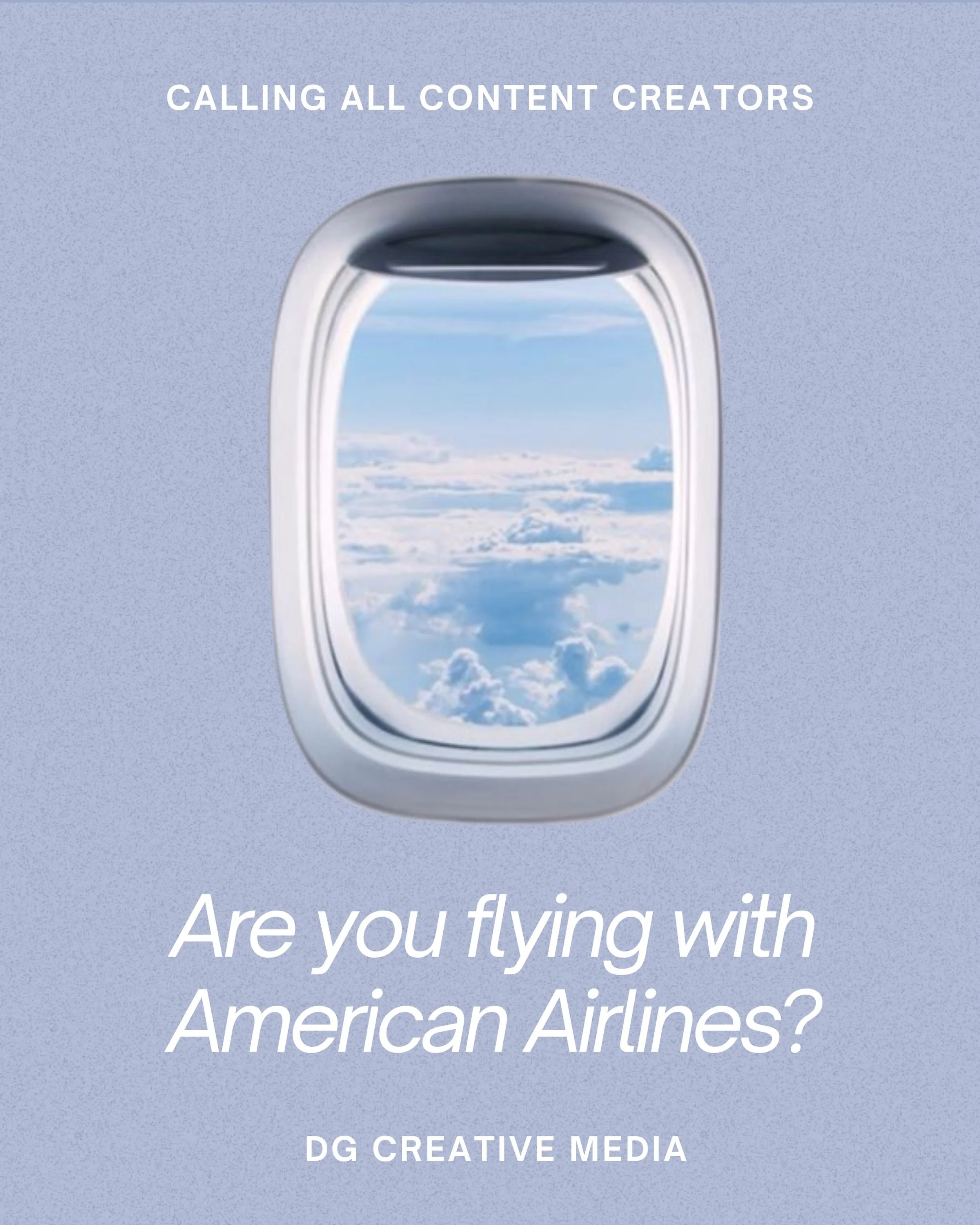Flying American Airlines soon? ✈️

We&rsquo;re looking for creators with upcoming American Airlines travel for a client partnership. Send us a DM if that&rsquo;s you!

#DGCreative #Collaboration #MarketingStrategy #SocialMediaManagement