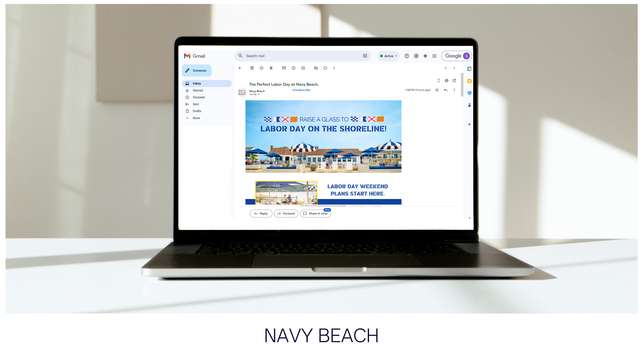 DG Creative Media email marketing for Navy Beach in Montauk, the Hamptons, featuring Labor Day weekend beach and Shoreline content.