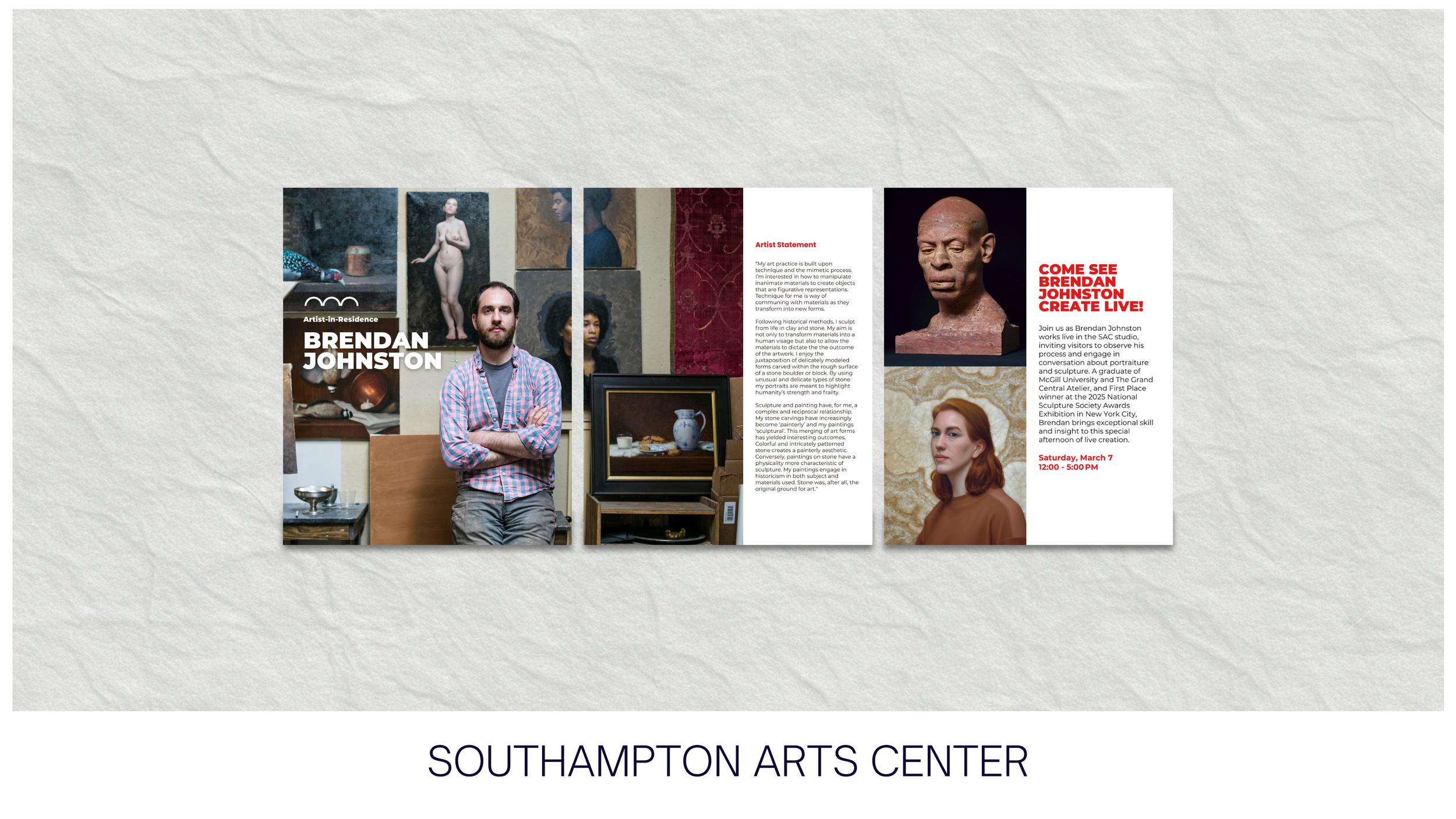 DG Creative Media event marketing creative for Southampton Arts Center in Southampton, the Hamptons, featuring artist Brendan Johnston, his studio, sculptures, and live art event details.