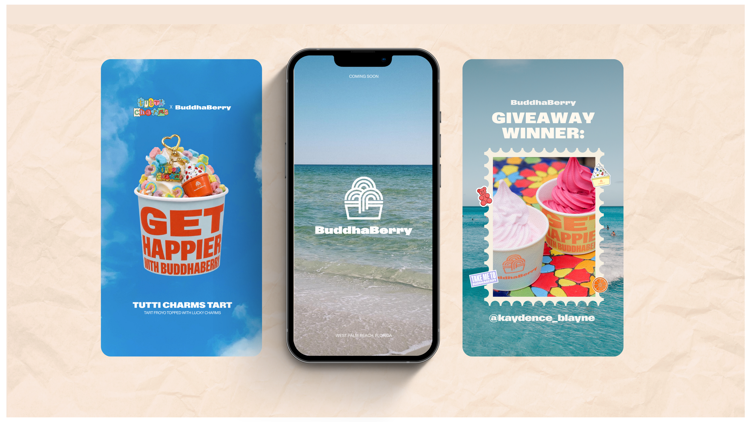 DG Creative Media social media creative for BuddhaBerry in Sag Harbor, the Hamptons, featuring apple pie, colorful sweets, and branded promotional content.