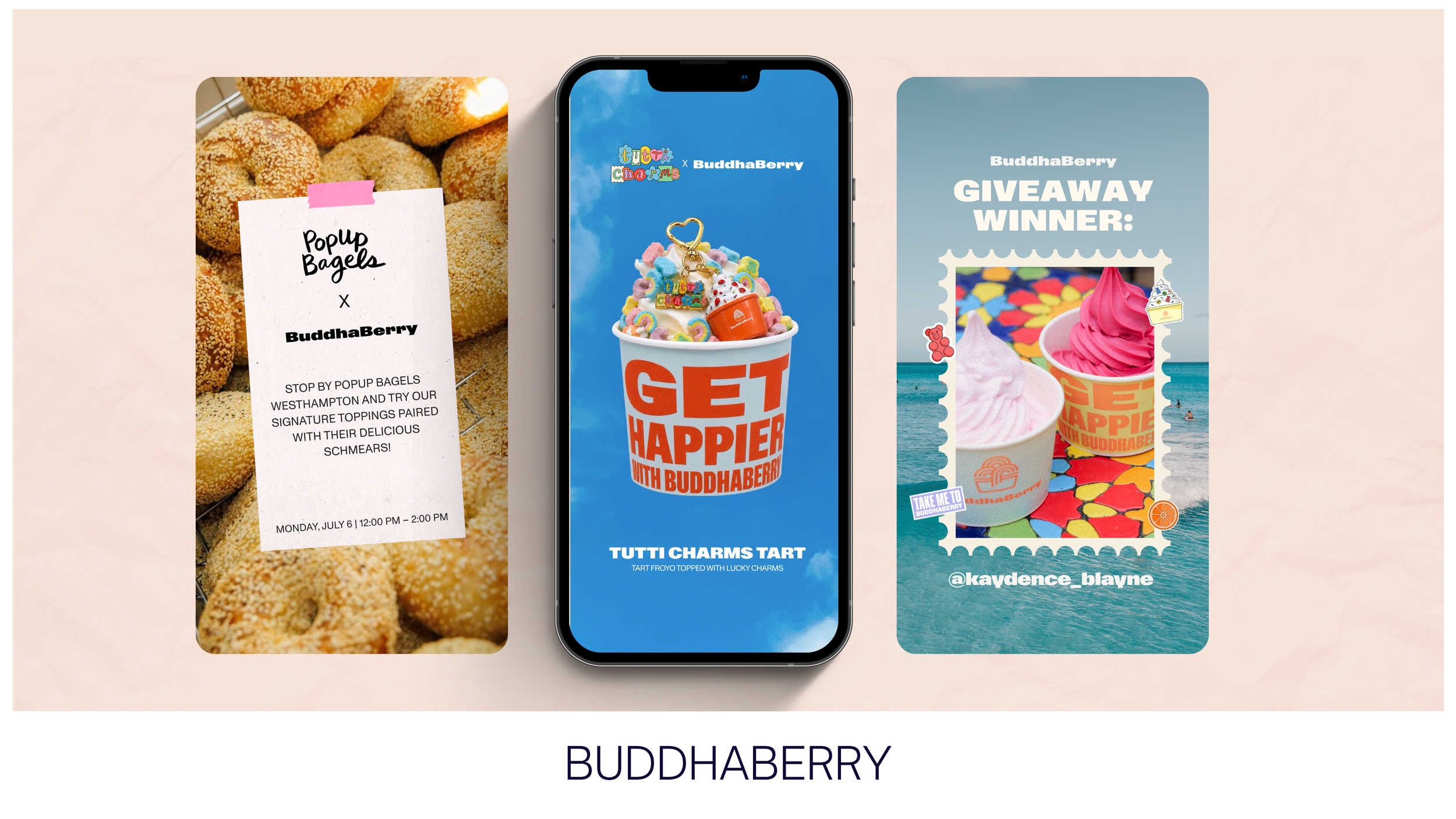 DG Creative Media social media creative for BuddhaBerry in Sag Harbor, the Hamptons, featuring apple pie, colorful sweets, and branded promotional content.