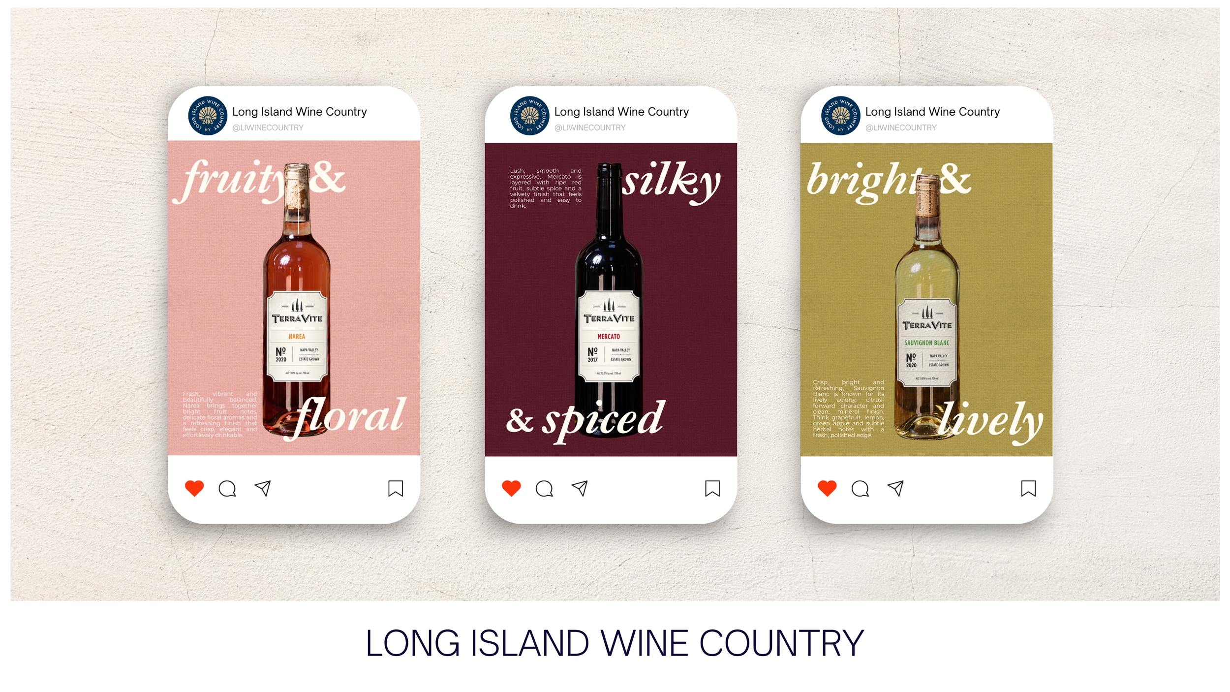 DG Creative Media social media marketing for Long Island Wine Country on the North Fork of Long Island, featuring vineyards, wine bottles, tastings, and regional events.