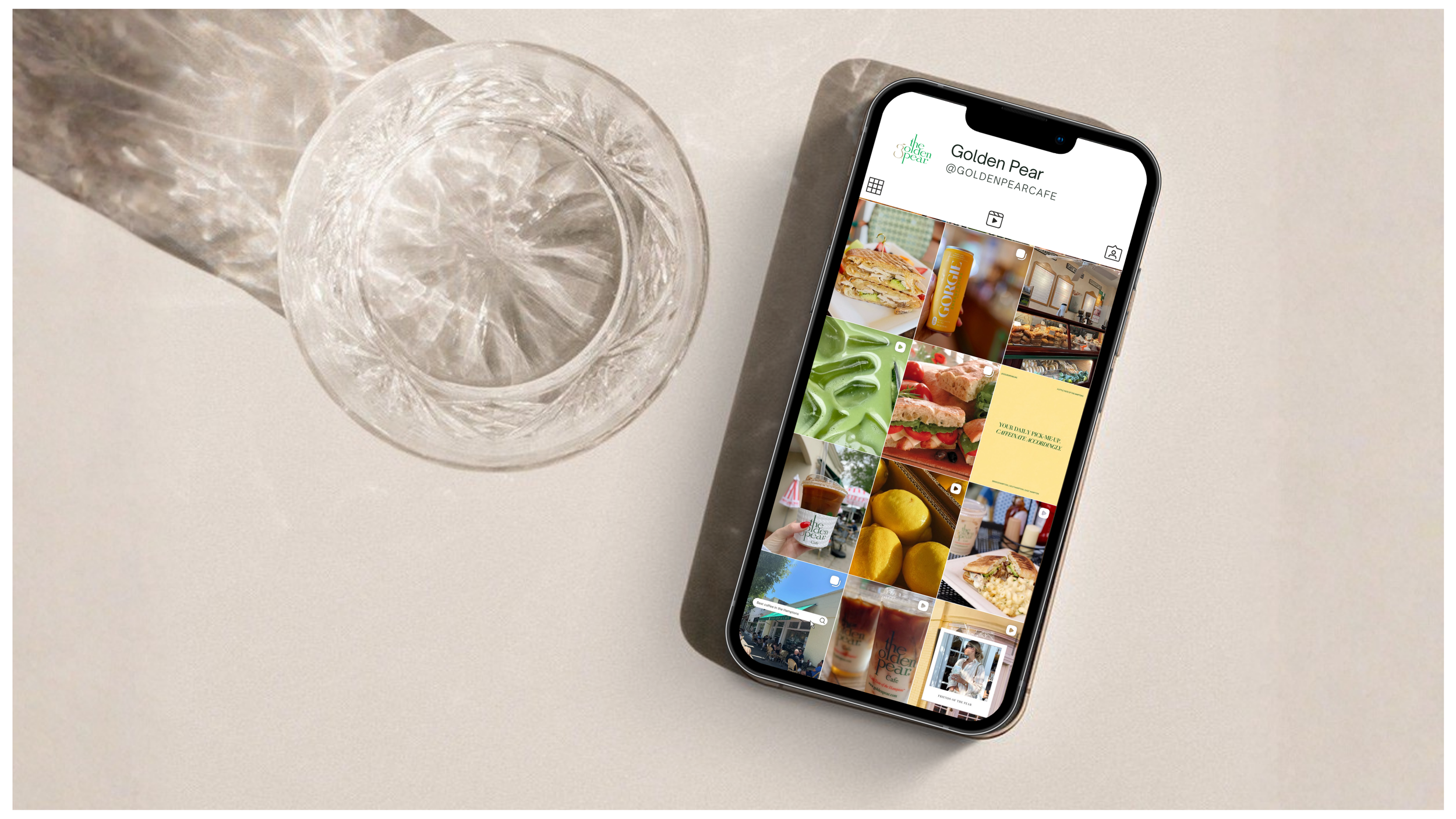 DG Creative Media social media work for The Golden Pear in the Hamptons, featuring cafe food, drinks, and lifestyle content displayed on a smartphone.