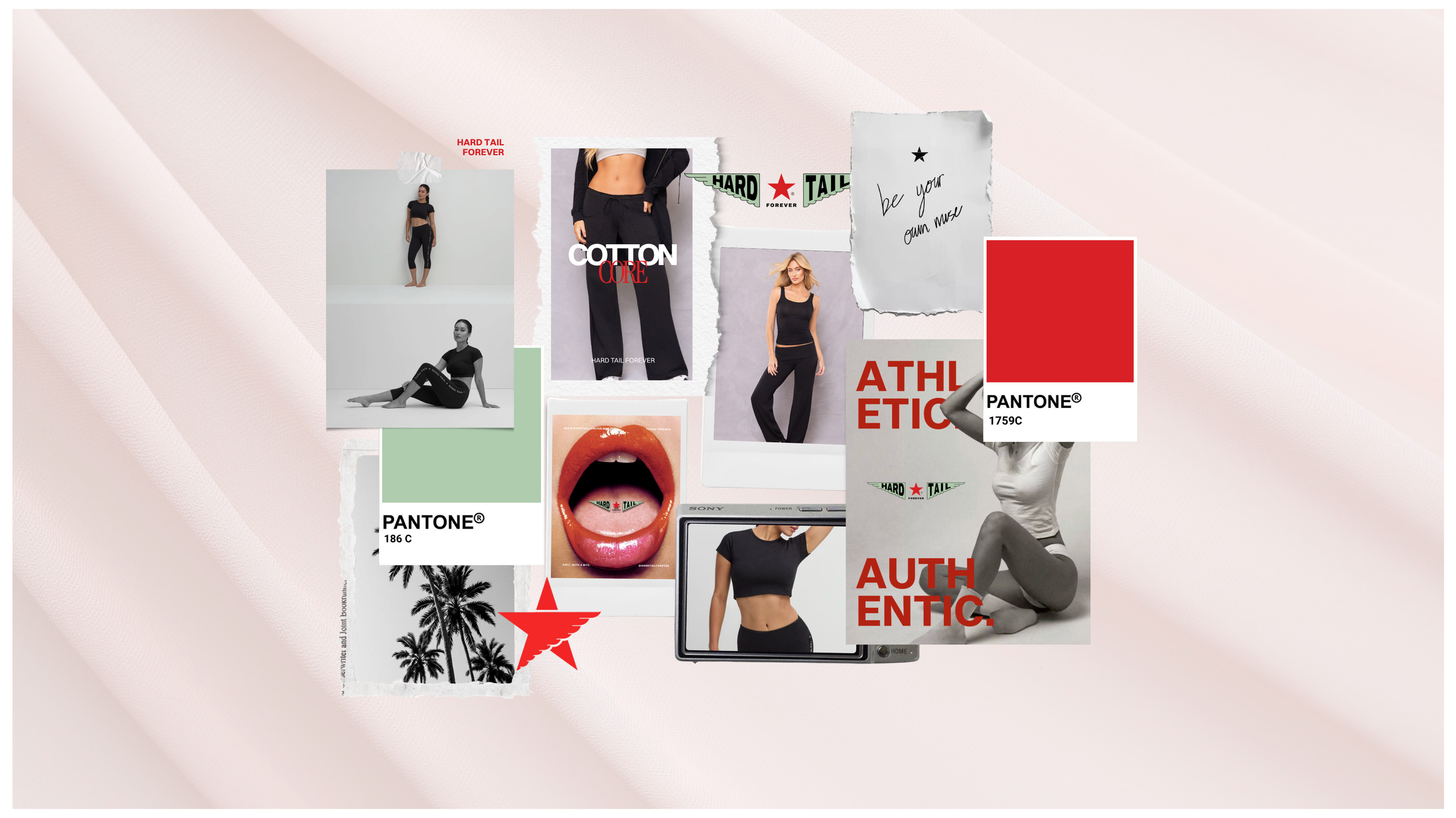 DG Creative Media fashion marketing creative for Hard Tail Forever, featuring black athletic wear, beauty details, fashion tags, and lifestyle imagery.