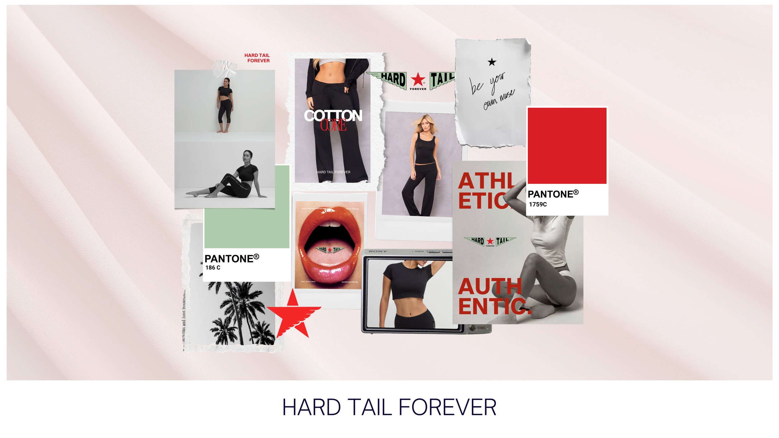 DG Creative Media fashion marketing creative for Hard Tail Forever, featuring black athletic wear, beauty details, fashion tags, and lifestyle imagery.