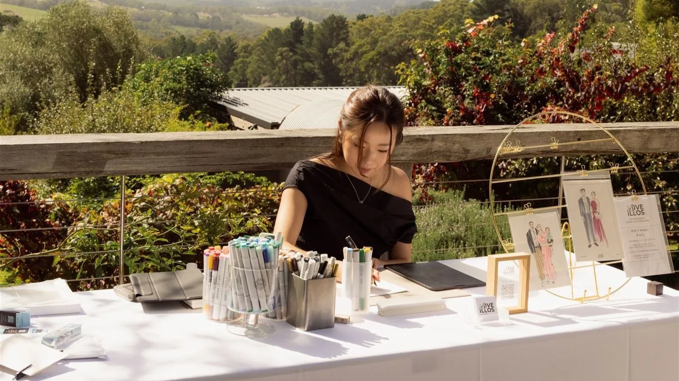 Ives from live illos live drawing at a wedding in Butterfly Red Hill