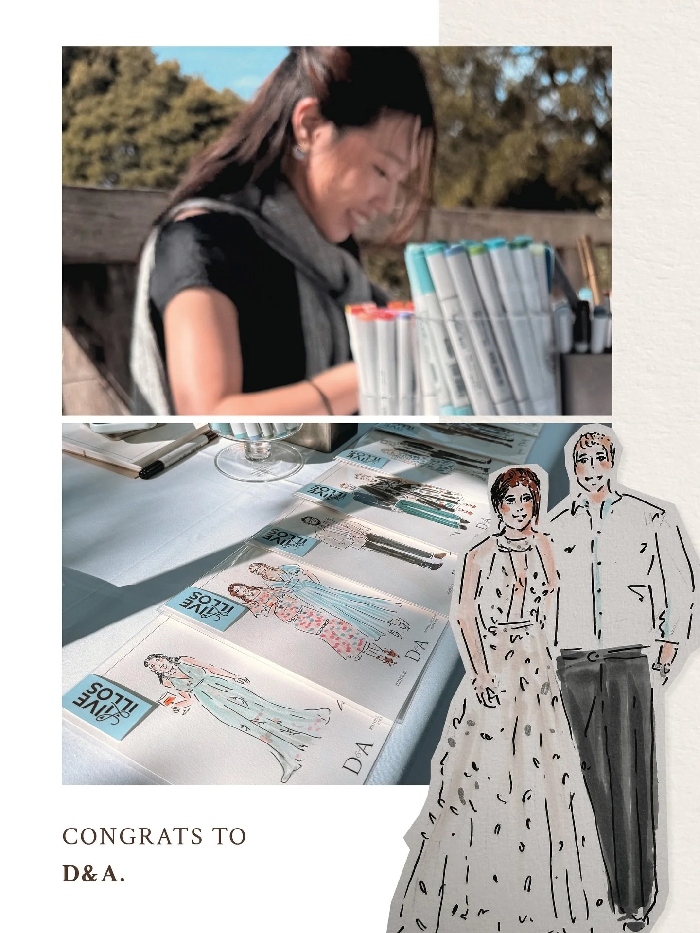 Celebrating D&amp;A&rsquo;s big day with live wedding guests&rsquo; illustration on a perfect day!!💍✨🌿 By the end of the night, around 70 guests had a keepsake to take home.☺️
.
Congrats once again to the newlyweds🩵
.
LIVE EVENT &amp; WEDDING ILLU