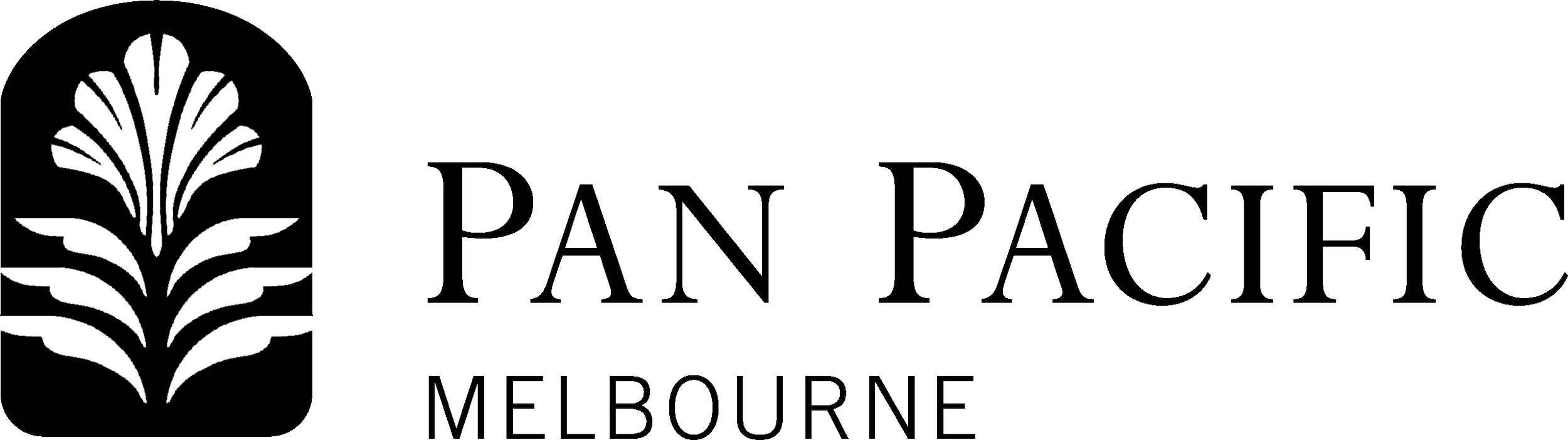 Black and white logo with a stylized plant or tree next to the text 'Pan Pacific Melbourne'.