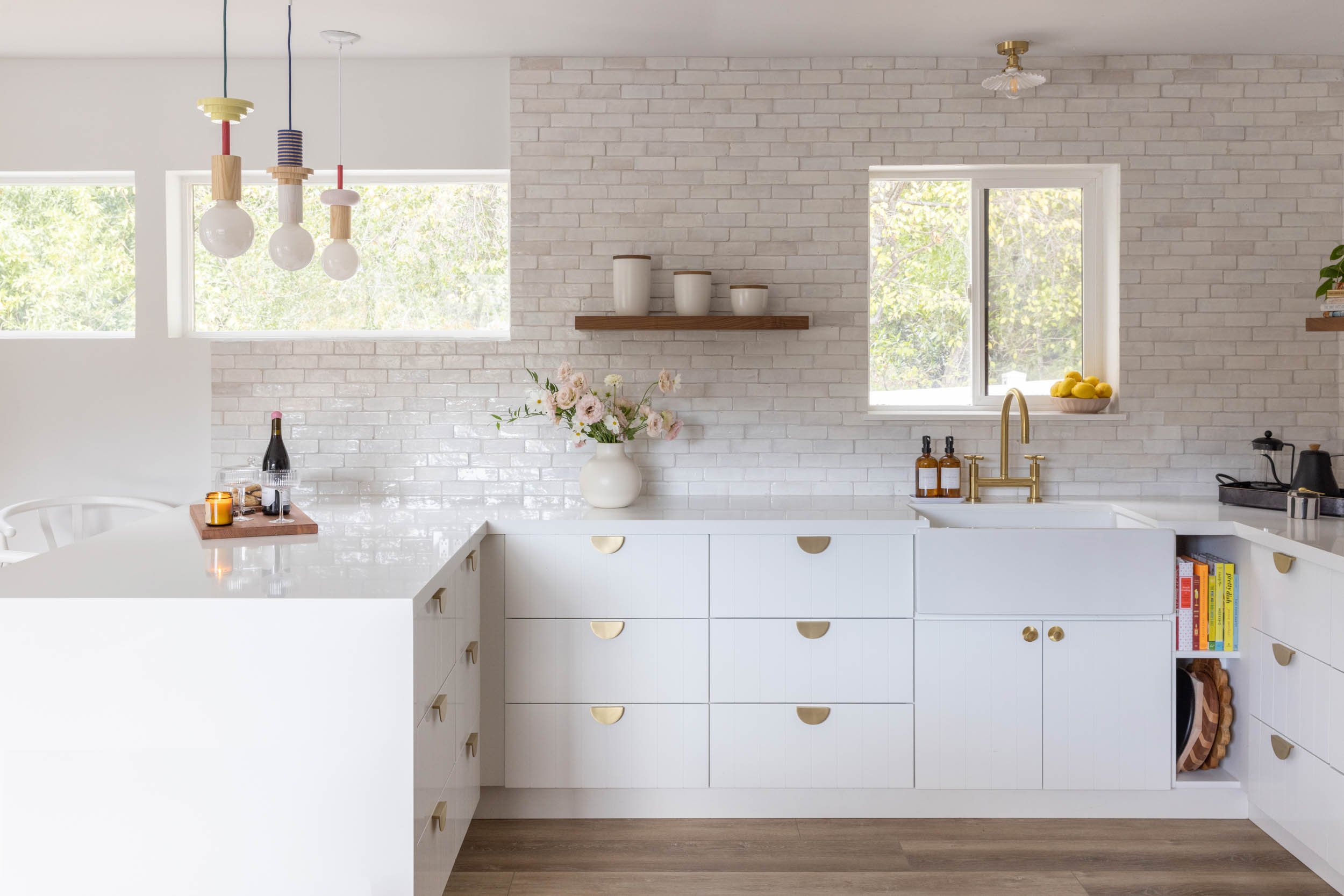 Kitchen profile view with light pendants
