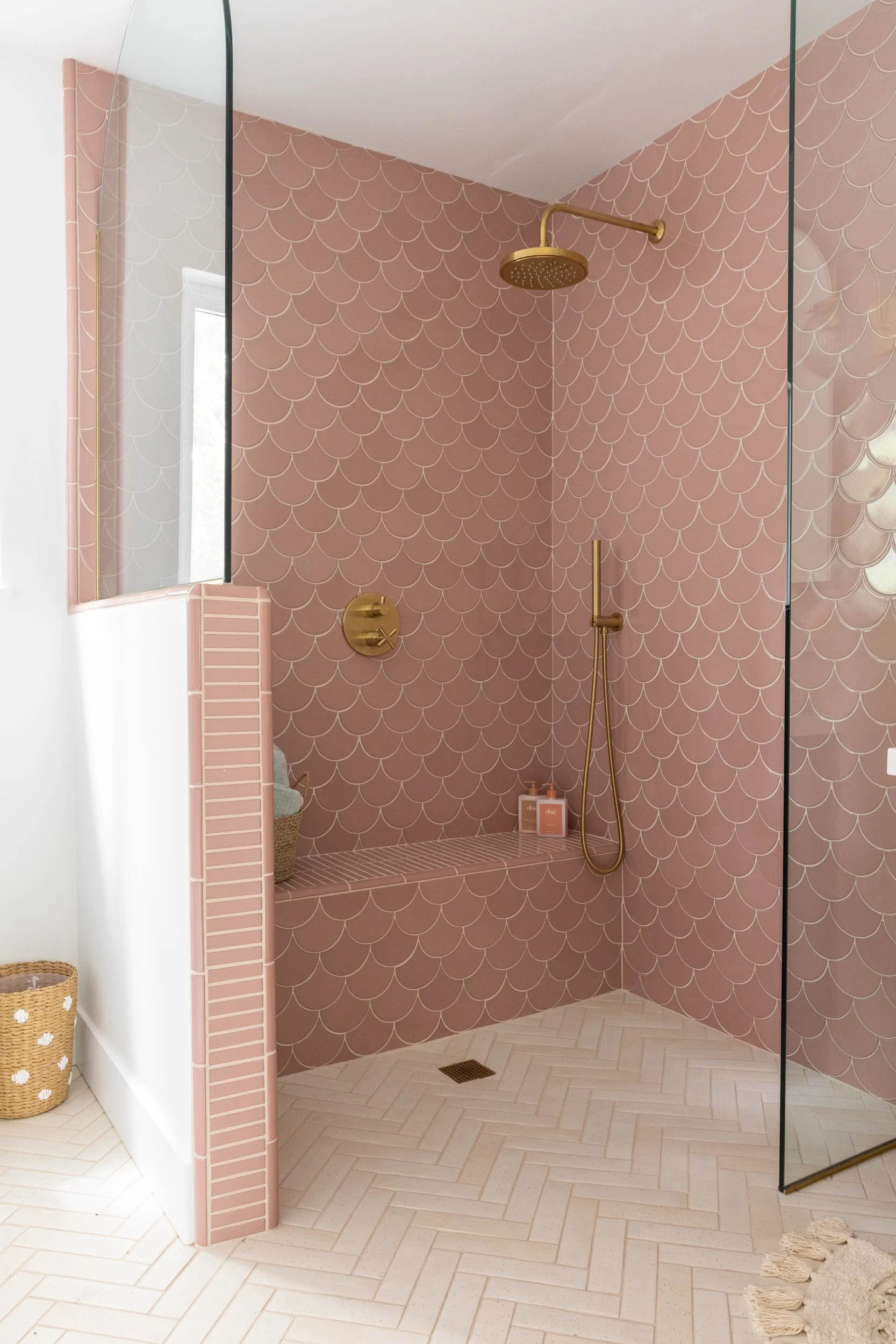 ADA compliant shower with Pink Tessa Tile