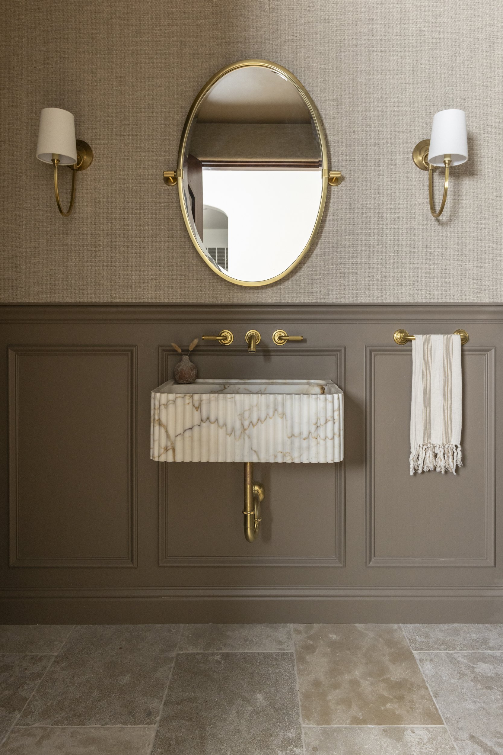 Powder bathroom floating vanity, mirror and light fixtures