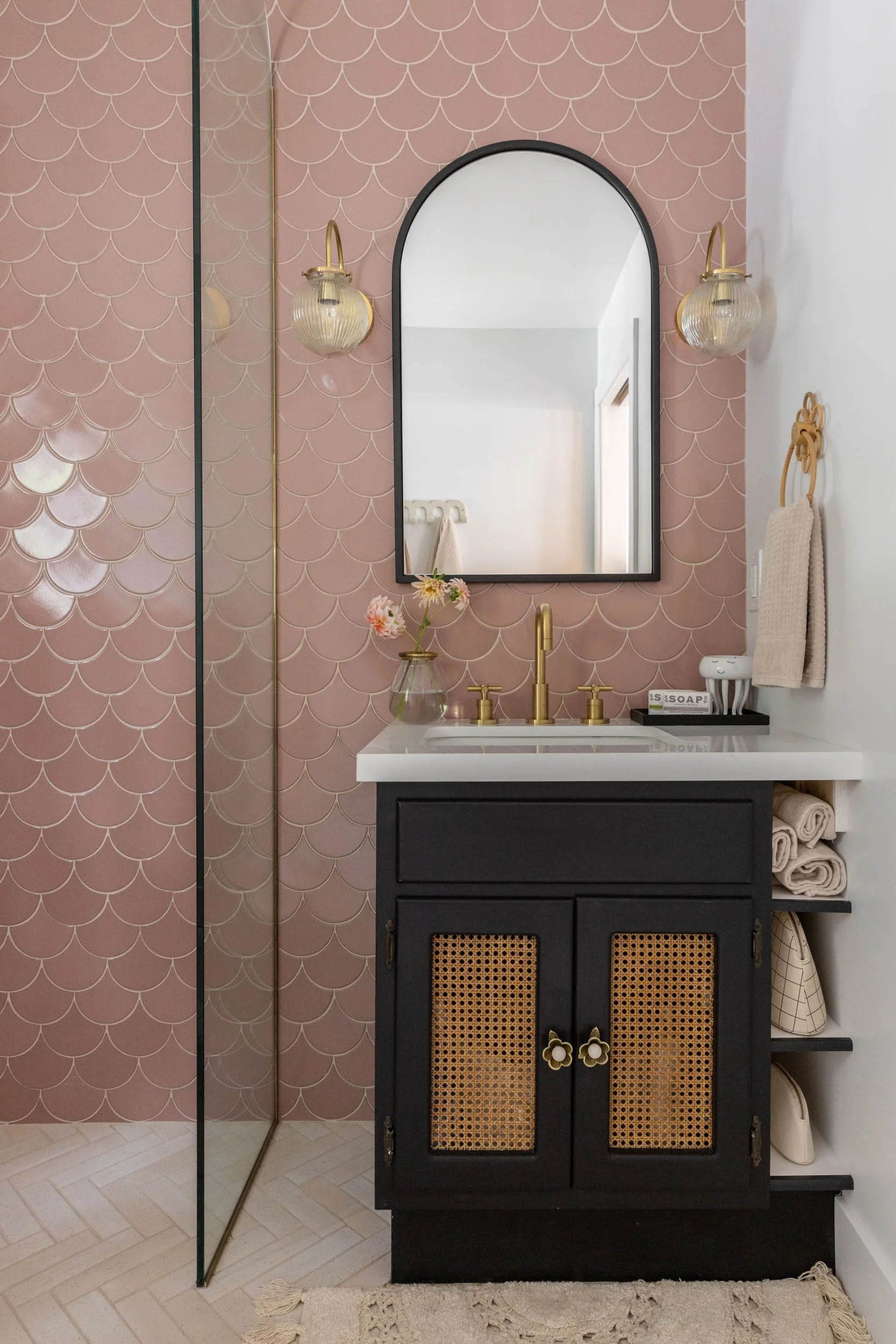 Bathroom vanity, mirror and light fixture