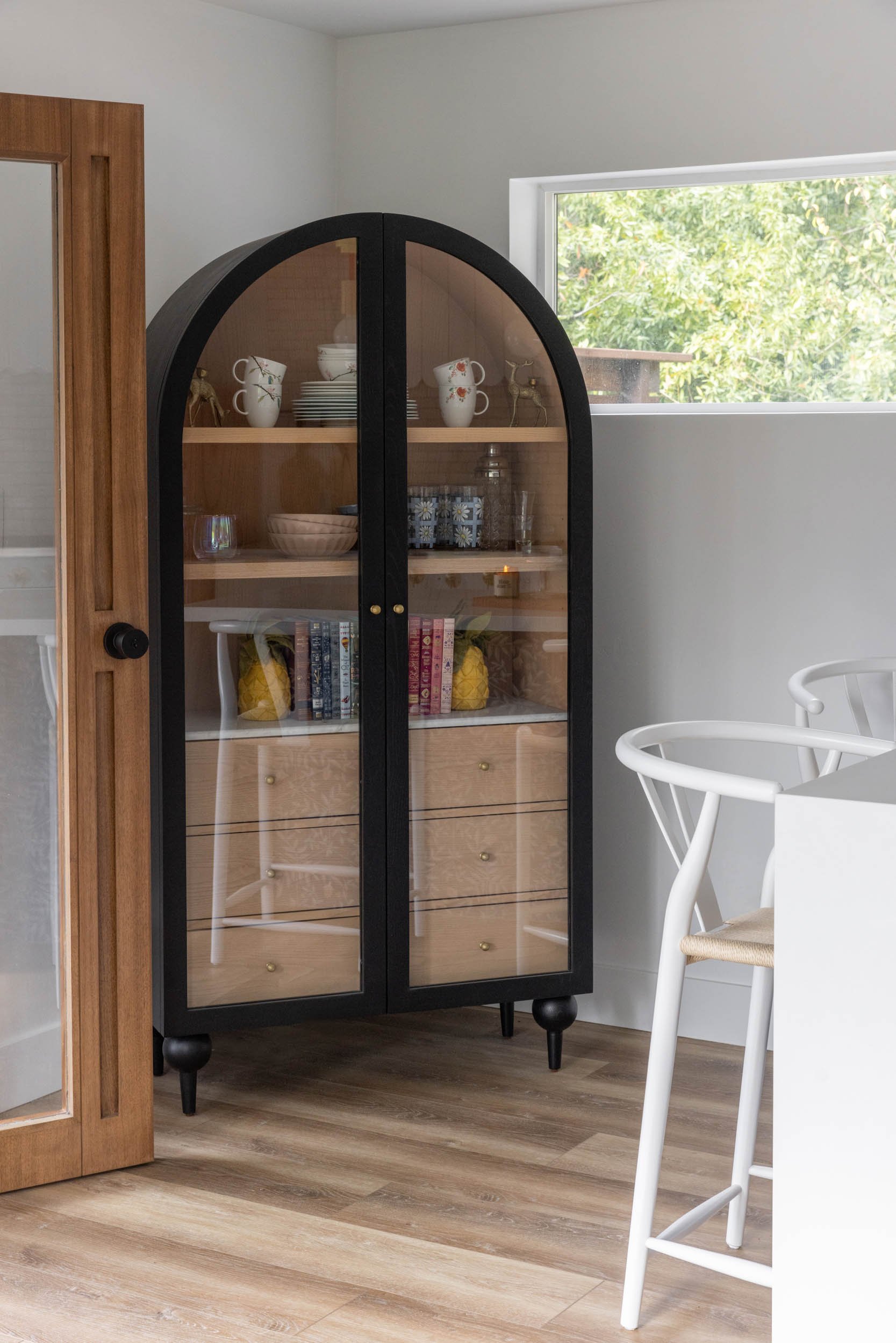 ADU entryway, storage shelf and stools