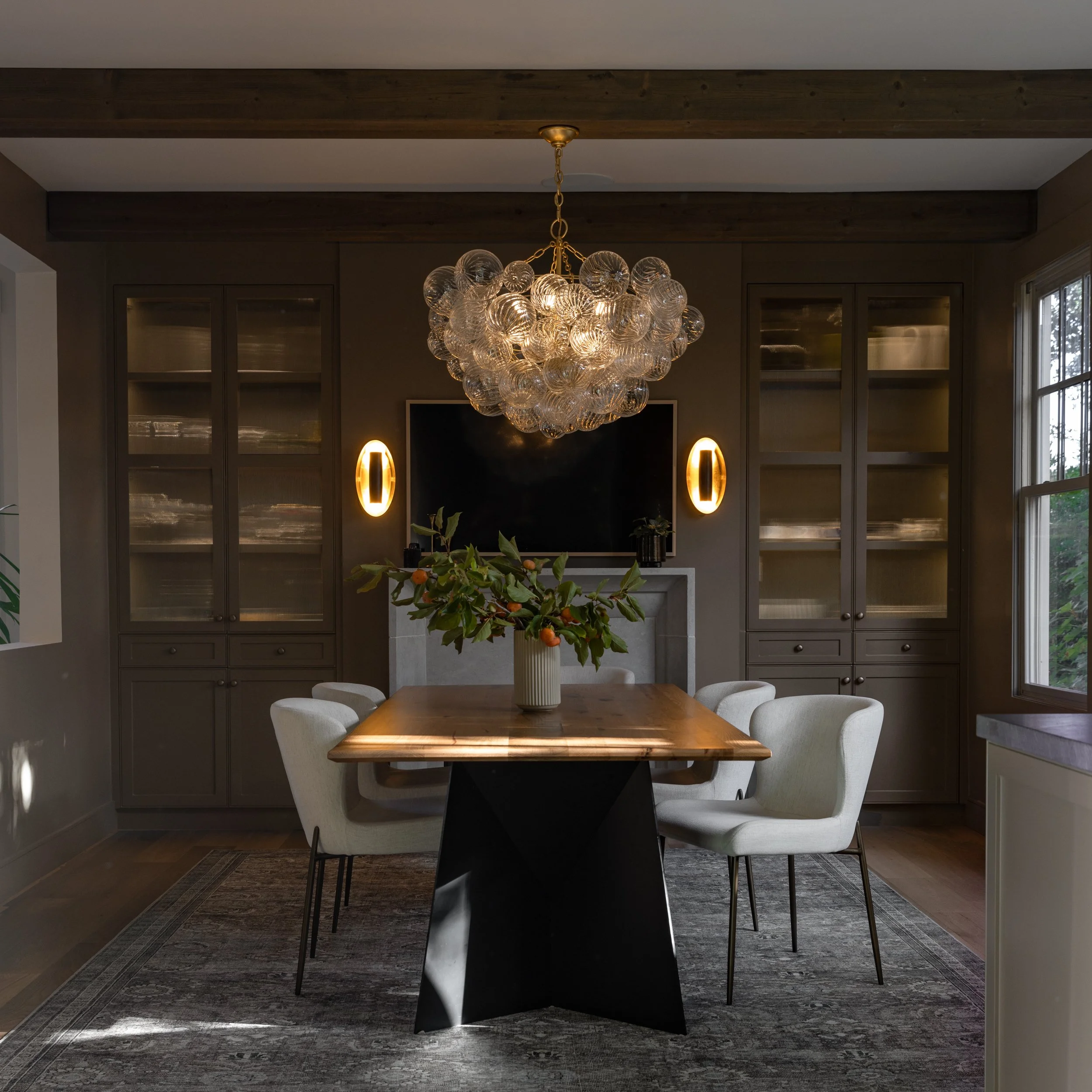 Dining room, chandelier, built in media center