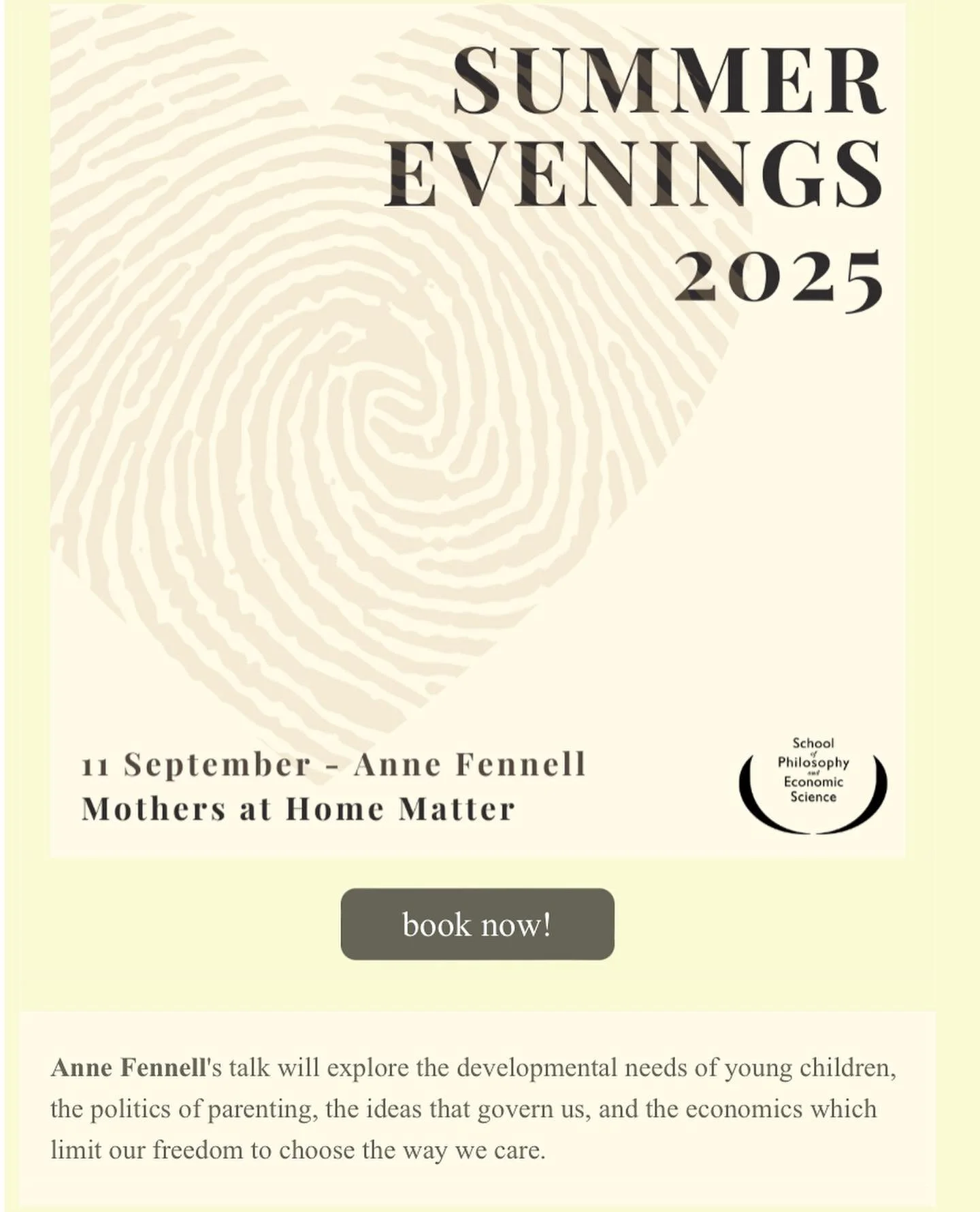 Our Chair, Anne Fennell, will be giving the last summer lecture @schoolofphilosophyuk tomorrow evening at 7pm. 
Her theme: Mothers at Home Matter: valuing mothering &amp; why it matters. Her talk will explore the development needs of young children, 