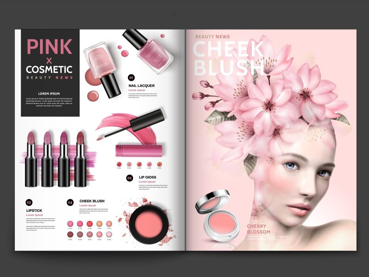 A cosmetic catalogue designed with a primarily pink colour scheme.