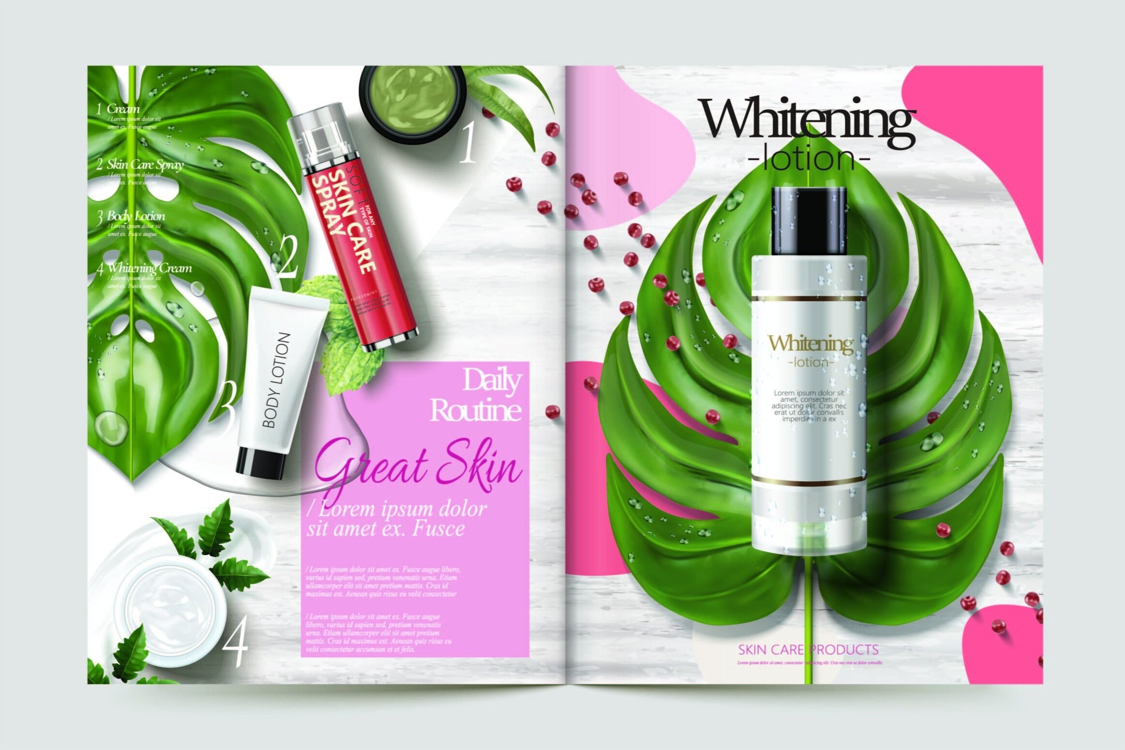 A catalogue ad for 'whitening lotion'. Includes images of leaves for a welcoming look.
