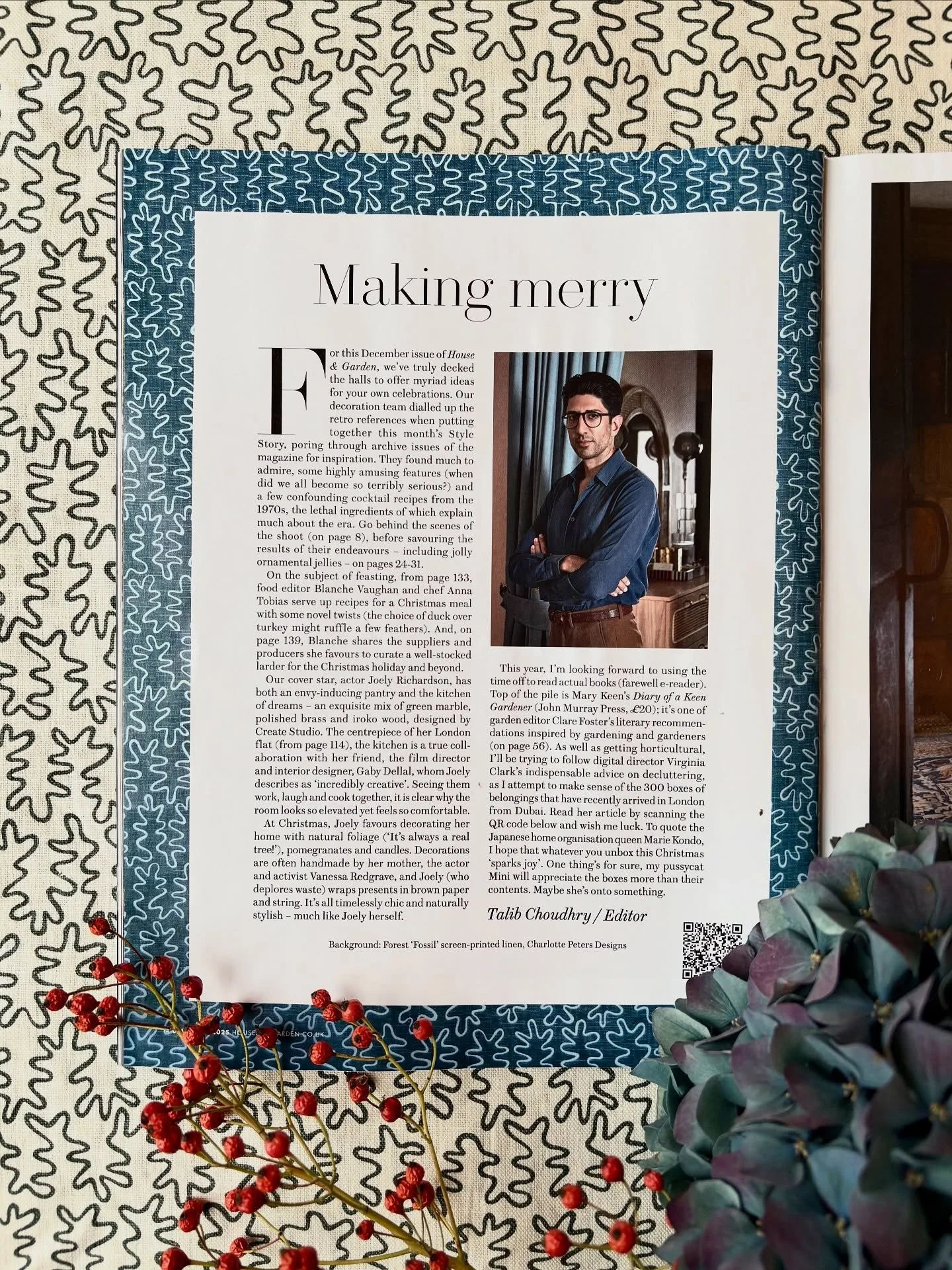 Another &lsquo;pinch me&rsquo; moment: @houseandgardenuk have used my &lsquo;Fossil&rsquo; fabric as the background to the editor&rsquo;s letter in the December issue&hellip; woweee! &lsquo;Fossil&rsquo; comes in just three colours so far, but swipe 
