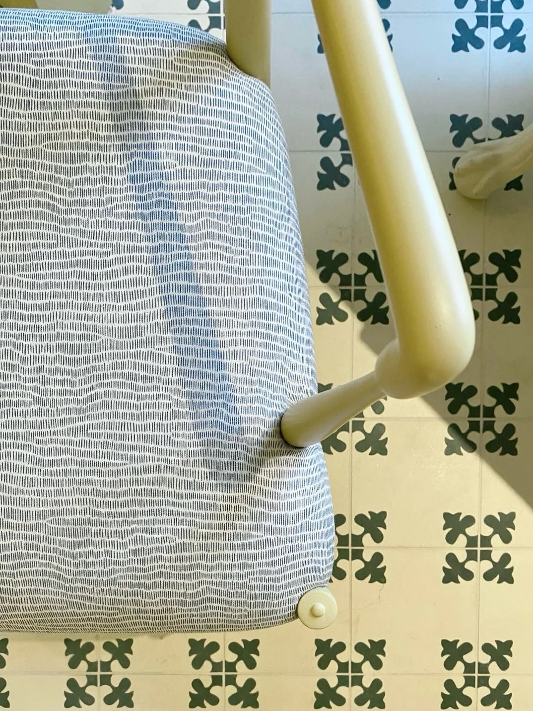 Getting images from clients of my fabrics in situ is still a lovely novelty. The Teal &lsquo;Baiu&rsquo; looks so smart on this bathroom chair - perfect for perching a cup of tea, or a friend for a cosy chat.