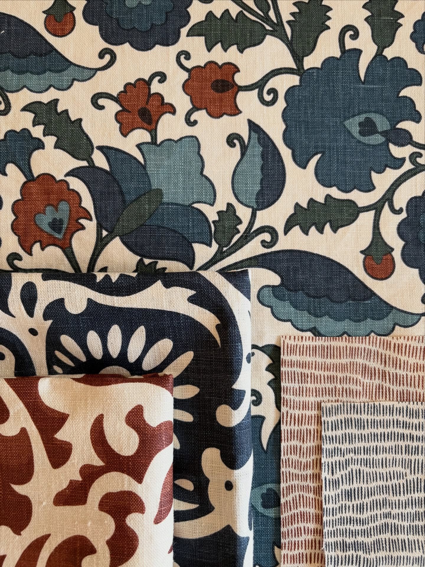 A new year means new colours in the collection at Charlotte Peters Designs!
First to join the gang are the &lsquo;Trailing Suzani&rsquo; in Indigo &amp; Tobacco, with &lsquo;Venetian Scroll&rsquo; and &lsquo;Baiu&rsquo; in the same gorgeous, rich col