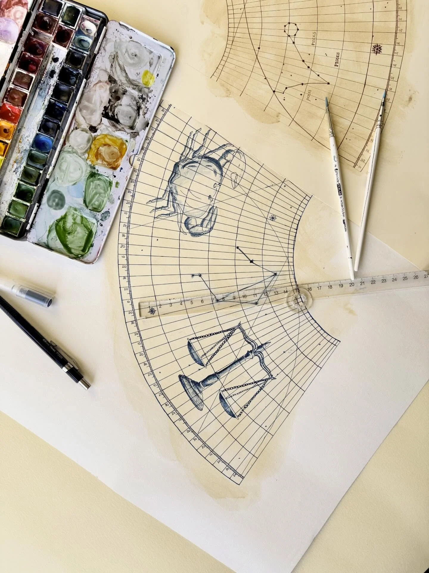 Working on a very exciting lampshade commission for a balanced Libran and a compassionate Cancerian, this time in indigo and blues. Let&rsquo;s hope they&rsquo;re as compatible in real life as on they so clearly are on paper (lampshades)!