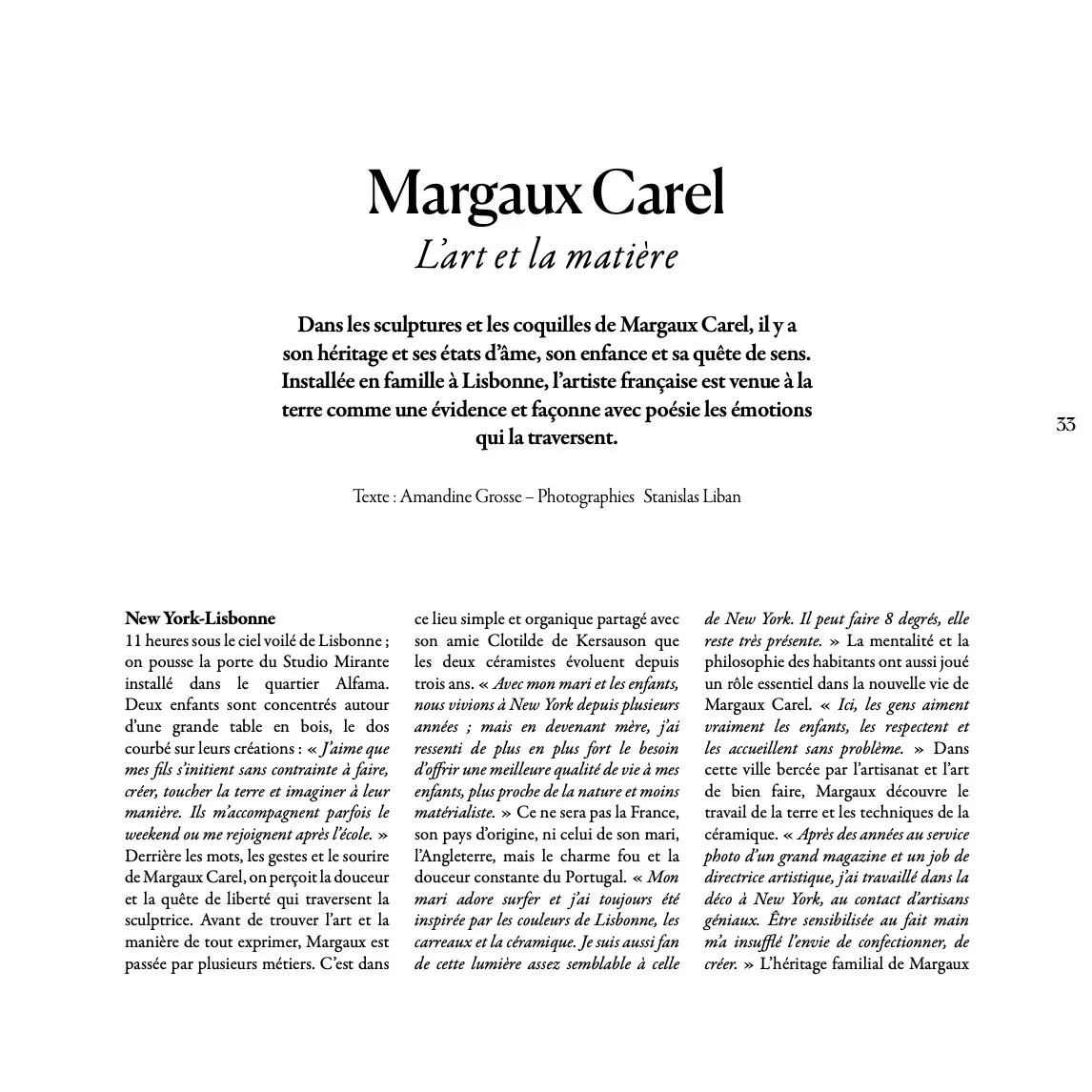 Text page about Margaux Carel and her art, with a focus on sculpture and earth-inspired themes.