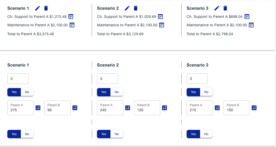 Side-by-side comparison of multiple Colorado child support calculation scenarios.