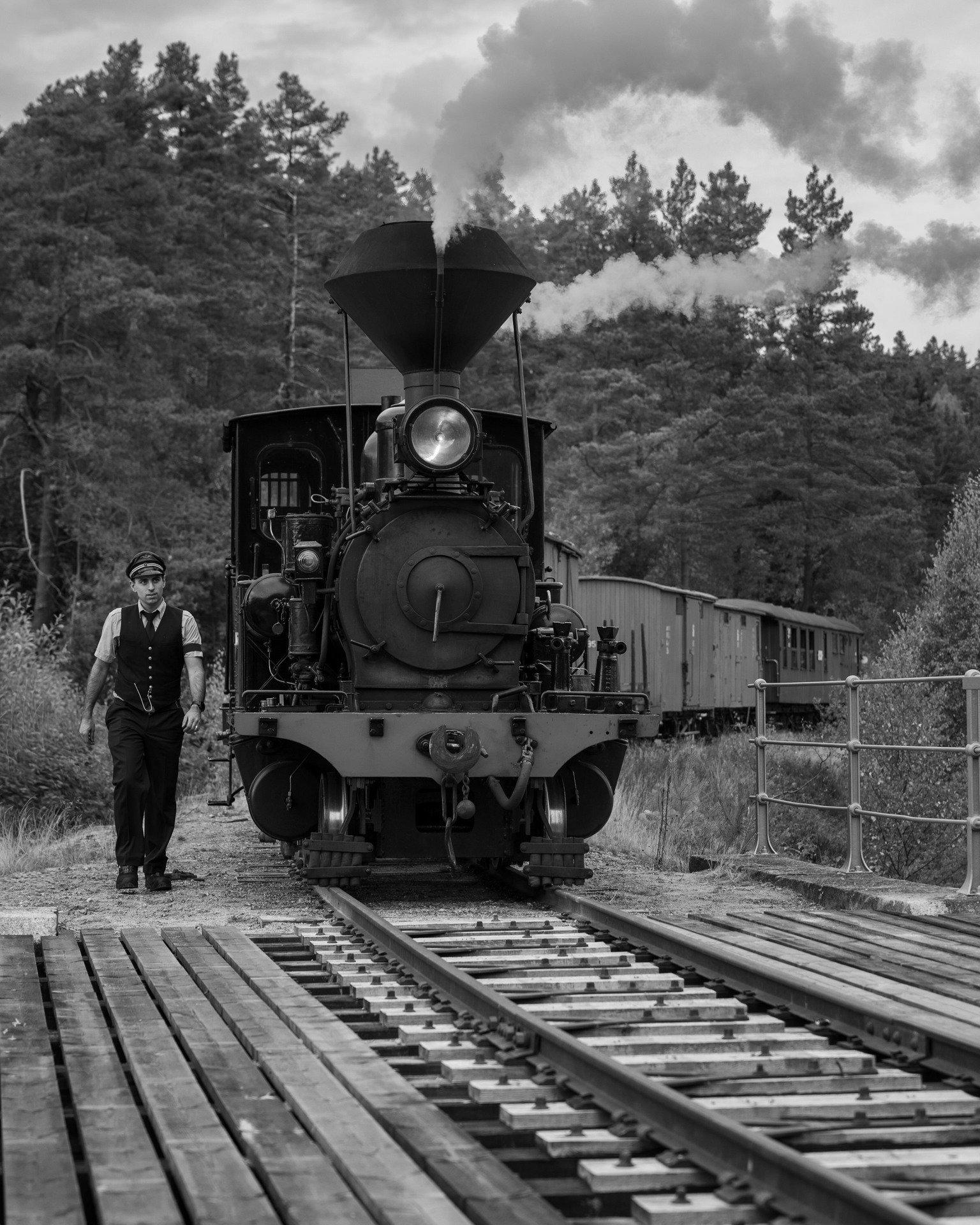 Et nydelig bilde fanget av @nygaardsfoto, tatt under stordriftsdagen hos Setesdalsbanen 🖤

Damplokomotivet ruller inn mot plattformen med r&oslash;yken stigende mot skogen. Lokomotivf&oslash;rer Daniel b&aelig;rer s&oslash;rgeb&aring;nd til minne om