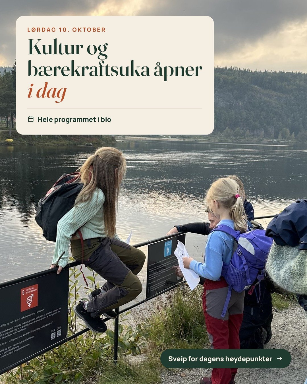 I dag &aring;pner Kultur og b&aelig;rekraftsuka 🍂

Bli med p&aring; Otravandring kl. 12, h&oslash;r om sterk hjerne og aktiv kropp kl. 14, se Graslia sanse og aktivitetspark &aring;pne kl. 15 og avslutt dagen med standup p&aring; Naboen kl. 20.

Uka