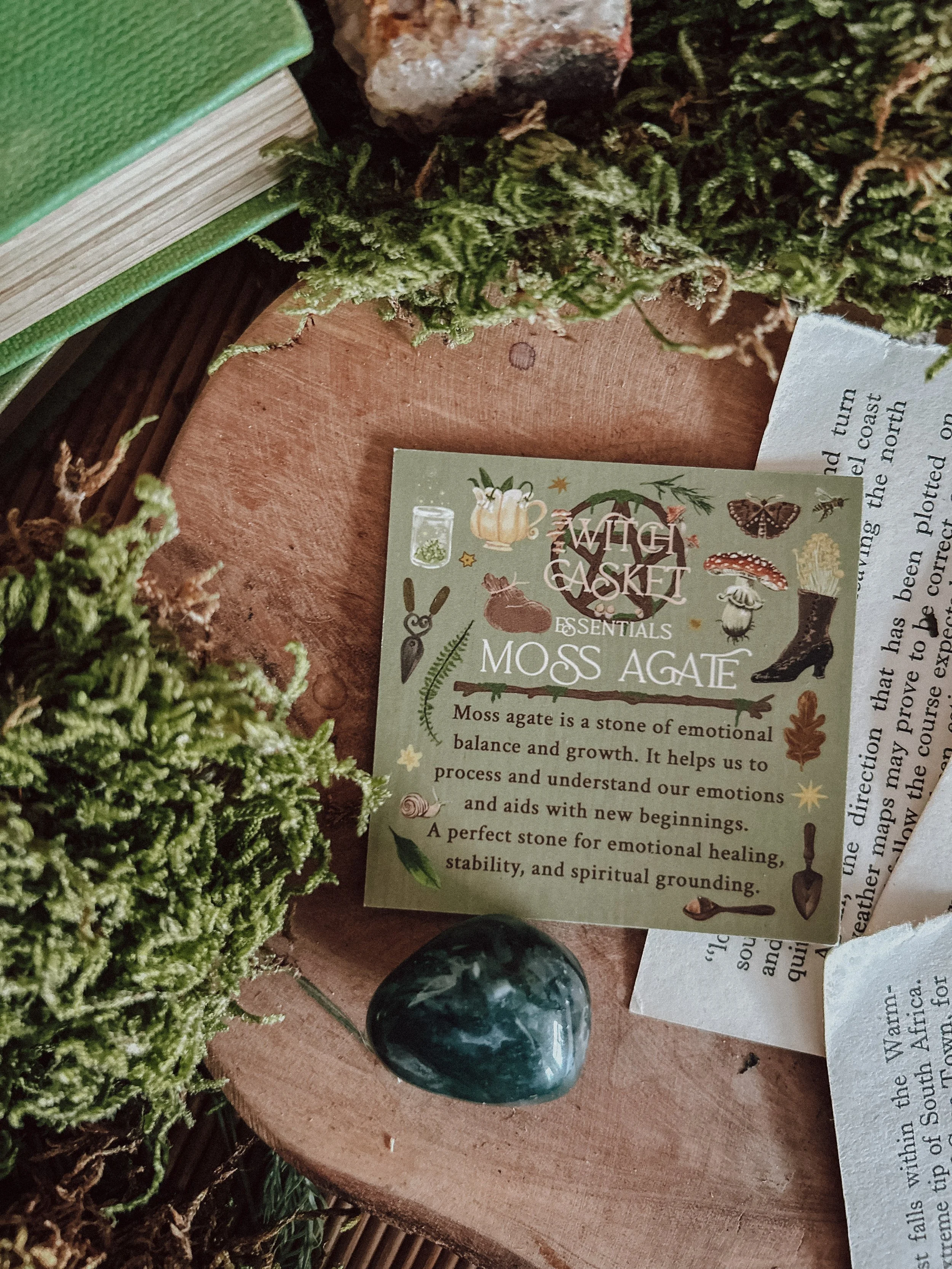 Moss Agate Tumbled Stone & Info Card