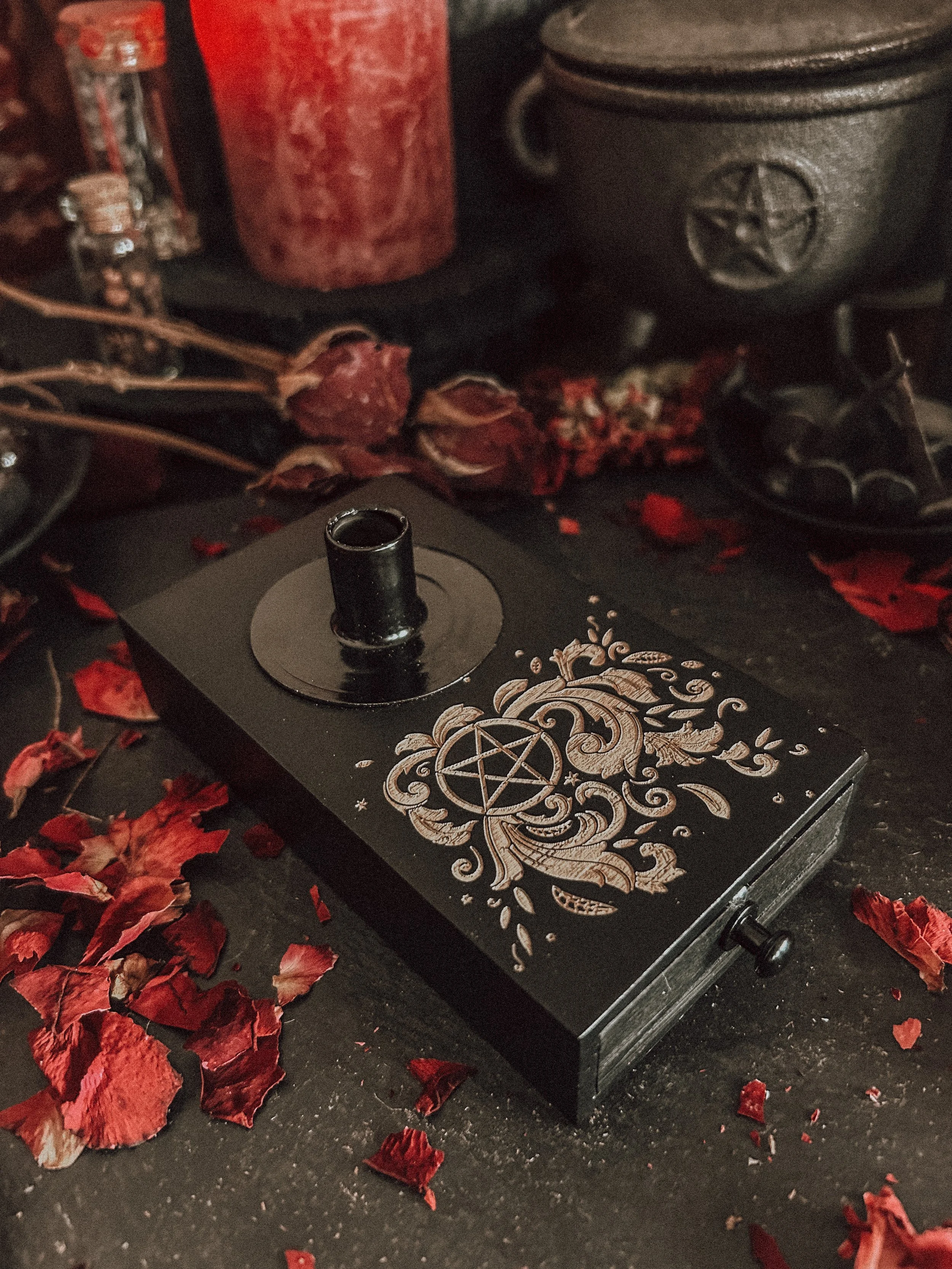 Pine Spell Candle Holder & Drawer