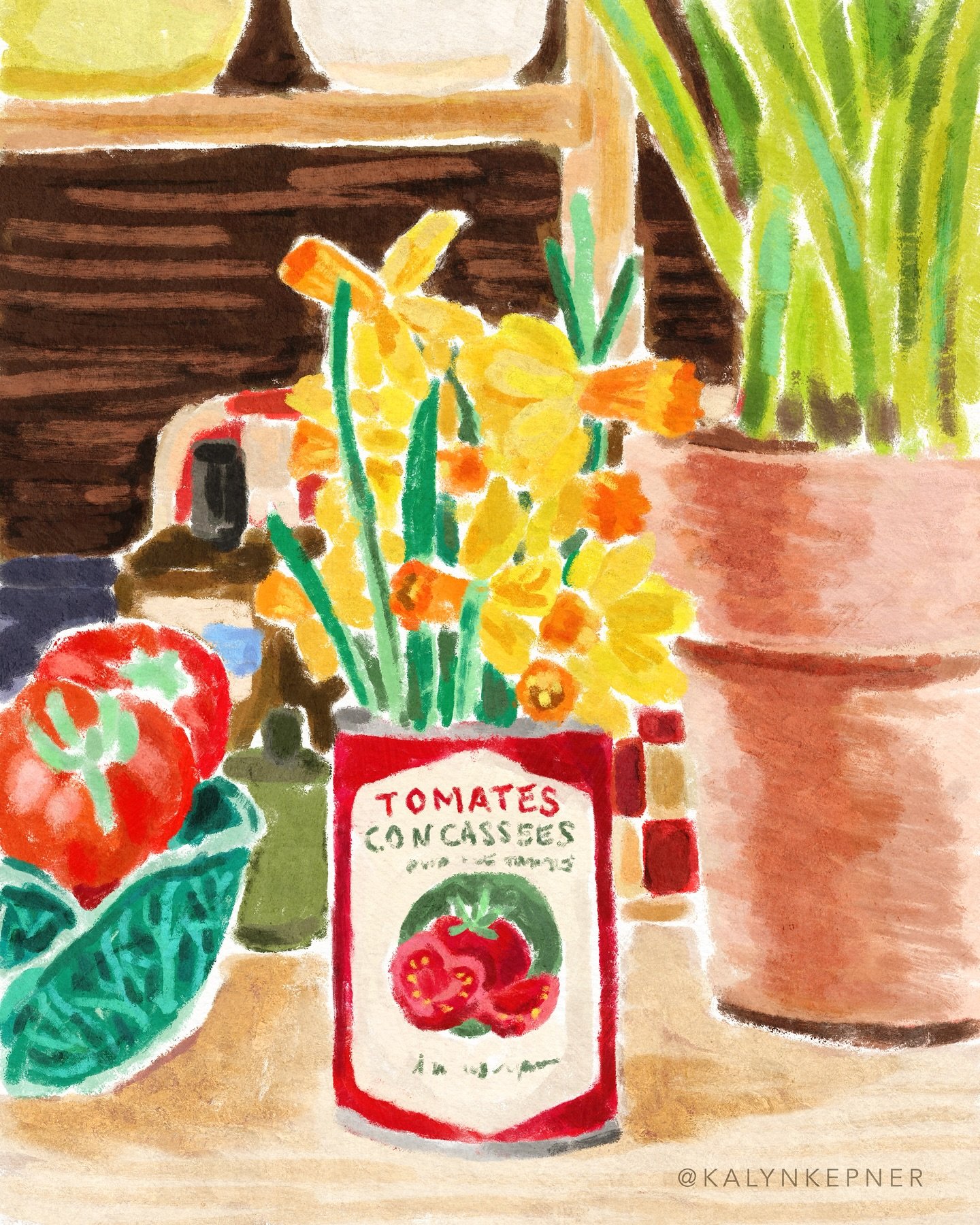 It&rsquo;s finally feeling like spring and I&rsquo;m slowly coming back to life! Had to celebrate with a fun floral still life (Week 86 of @thebotanica_collective 🌼🥫)
.
.
.
.
.
#springart #stilllife #floralillustration #stilllifedrawing #flowerillu