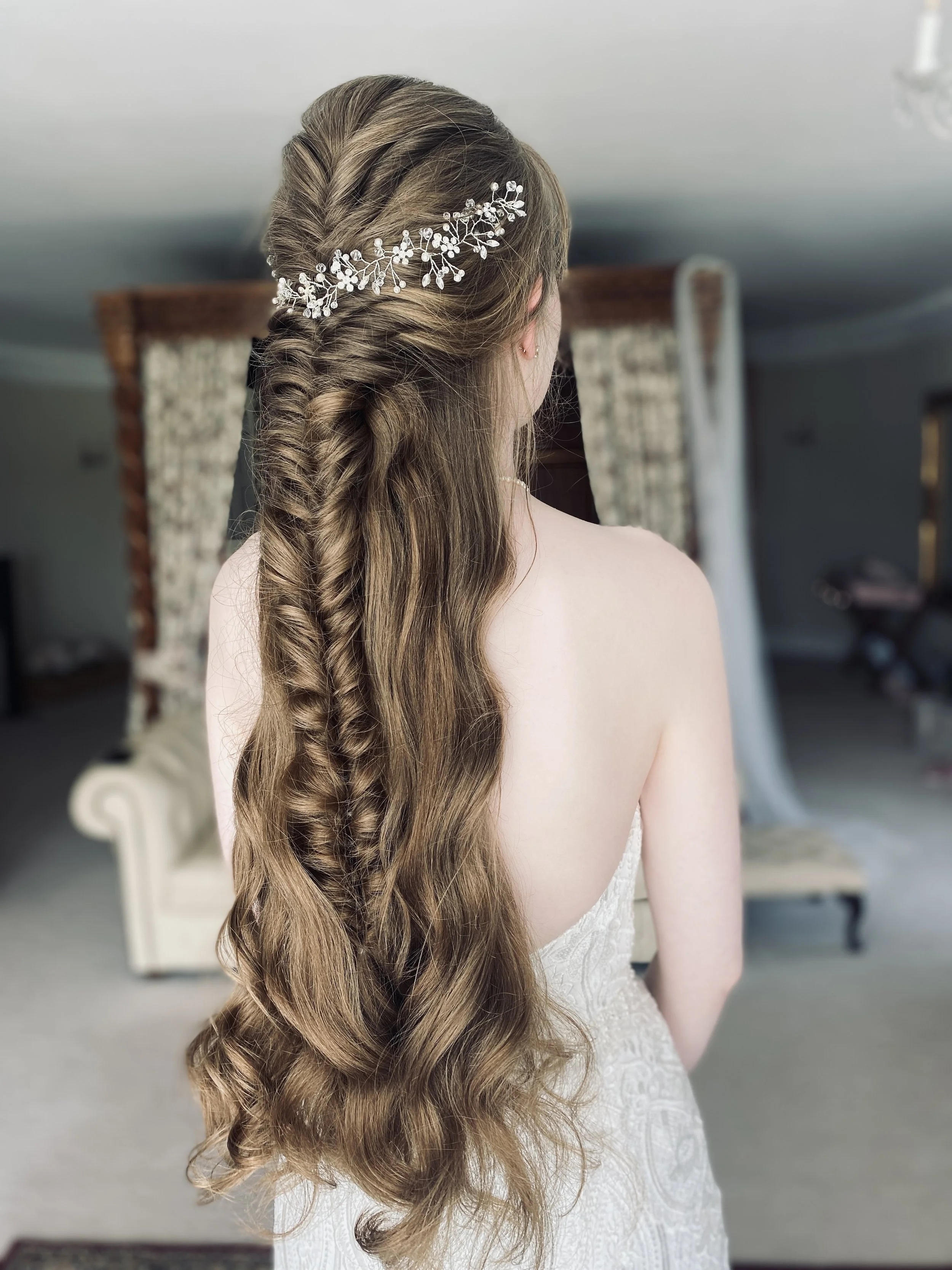 Beautiful Amelia, with the longest hair for me to create her bridal hair look