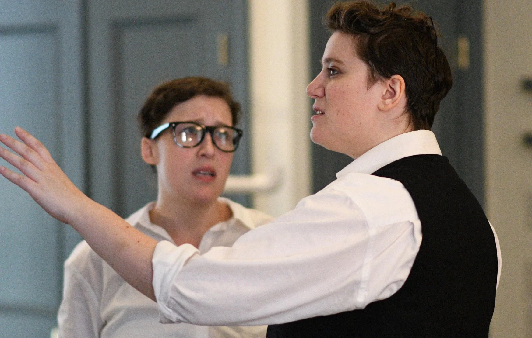 Left, Hannah Sweet as Horatio, Right, Nicolas as Hamlet in A Two Woman Hamlet