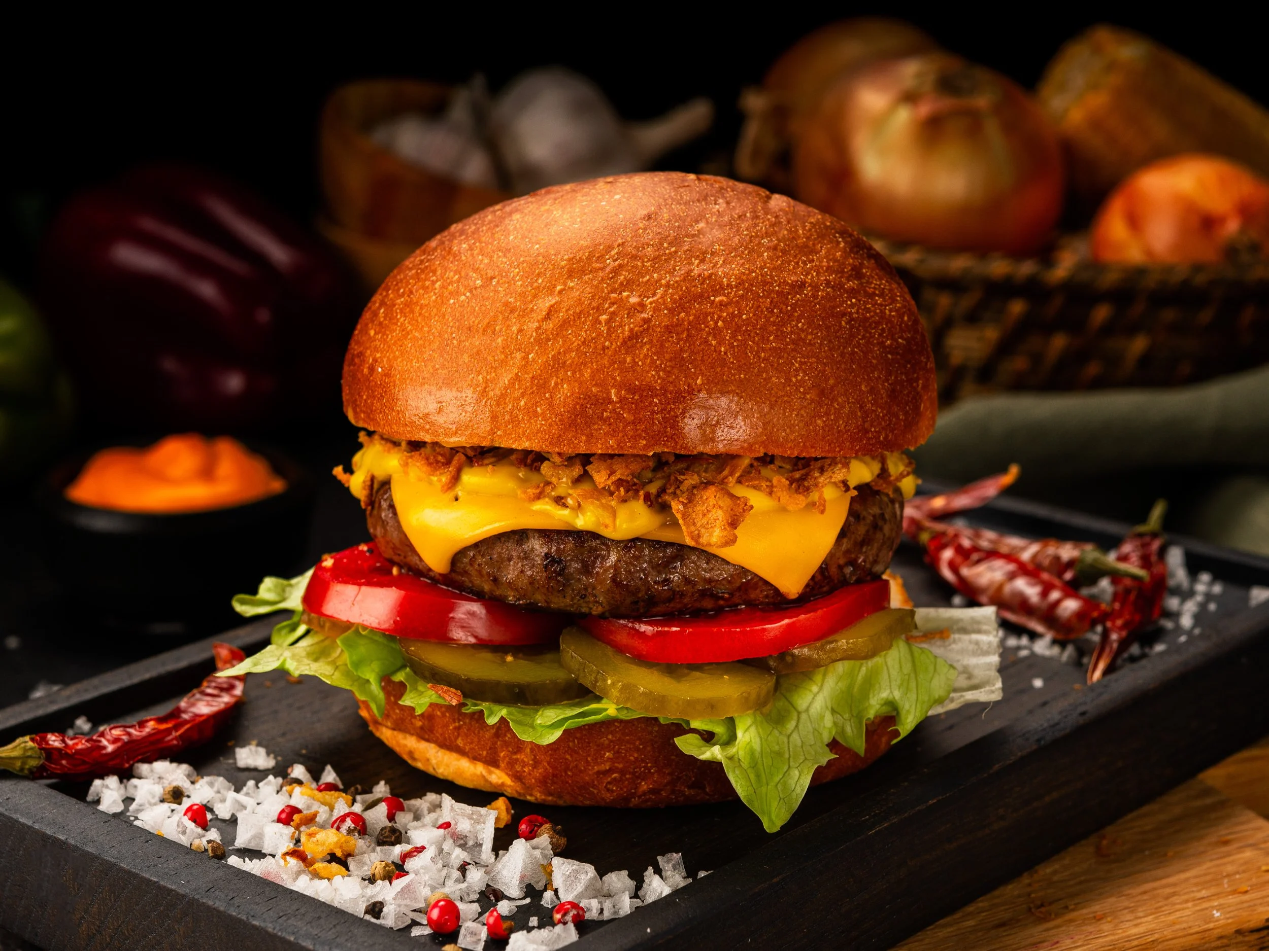 Food Photographer Xenia Rizova – Menu Photoshoot for Restaurant Likes Burger, Moscow – Burger with Crispy Onions