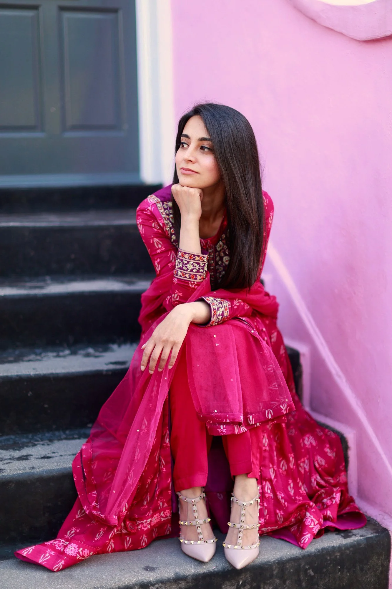 A Hot Pink Anarkali by Shyam Narayan Prasad