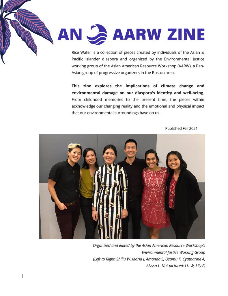 An introduction to the zine. There is a picture of the folks who worked on the zine. The text reads "Rice Water is a collection of pieces created by individuals of the Asian &
Pacific Islander diaspora and organized by the Environmental Justice worki