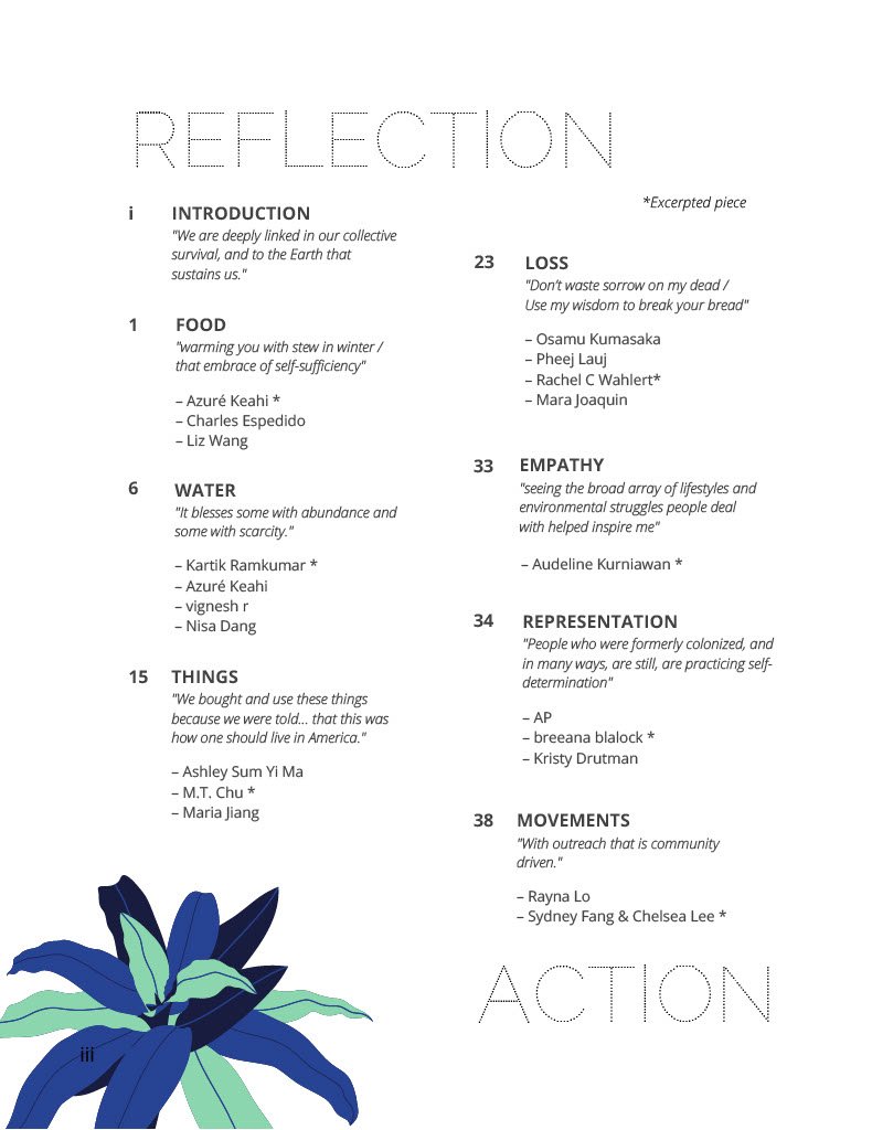 The table of contents for the zine.  The header reads "Reflection", and the sections read: 

INTRODUCTION
"We are deeply linked in our collective
survival, and to the Earth that
sustains us."

FOOD
"warming you with stew in winter /
that embrace of s