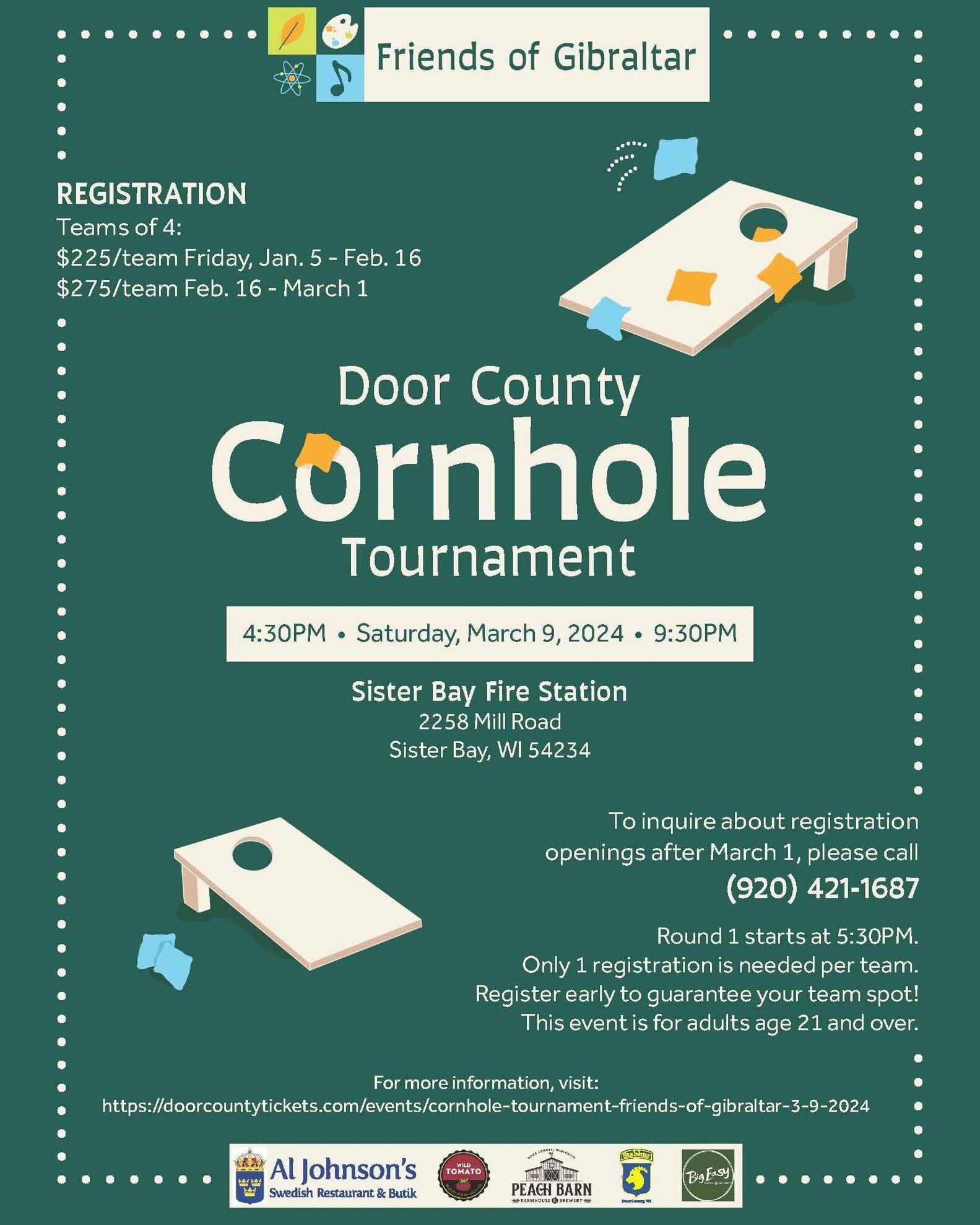 Grab your team and play some cornhole for a great cause!  Register today!! 

Proceeds from this tournament support the Friends of Gibraltar Schools (FOG) non-profit organization with the Door Community Auditorium. Since 1982, FOG has worked within Gi